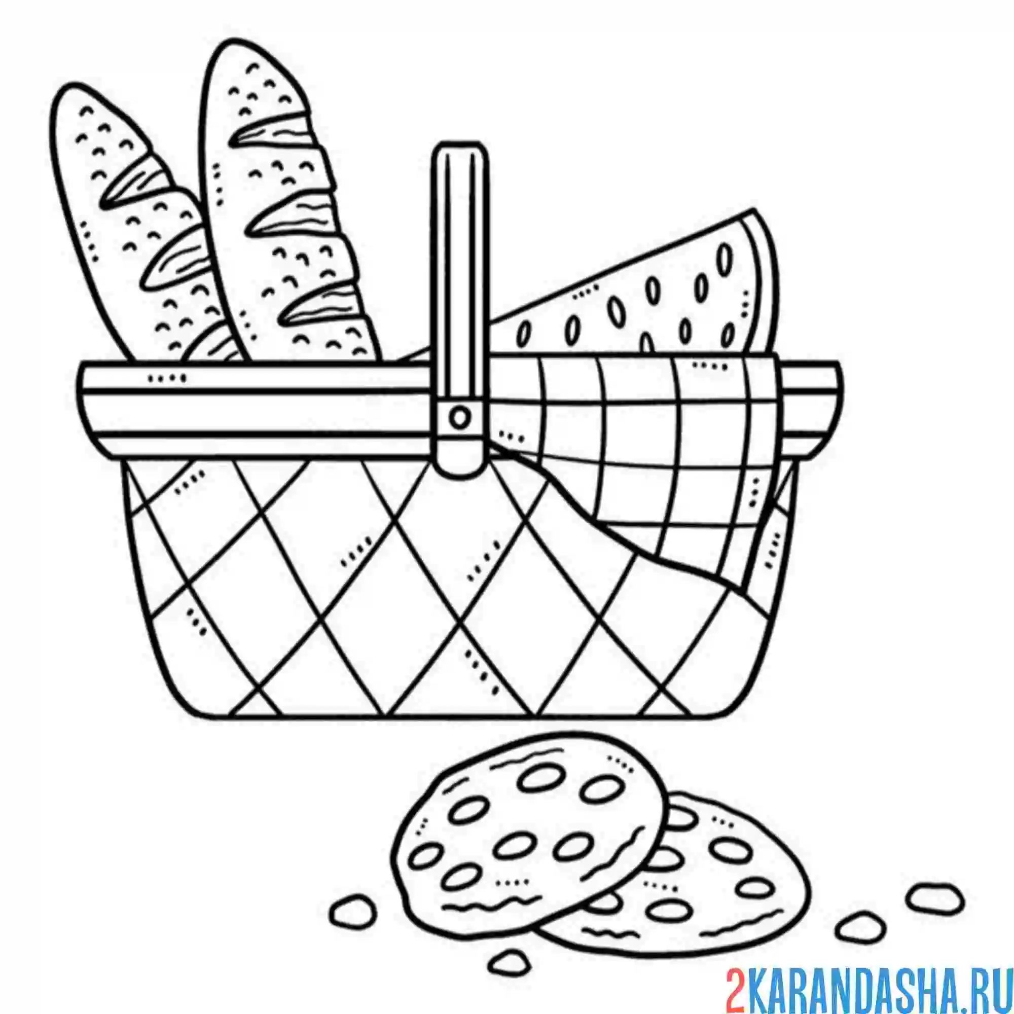 Раскраска корзинка для пикника с батоном