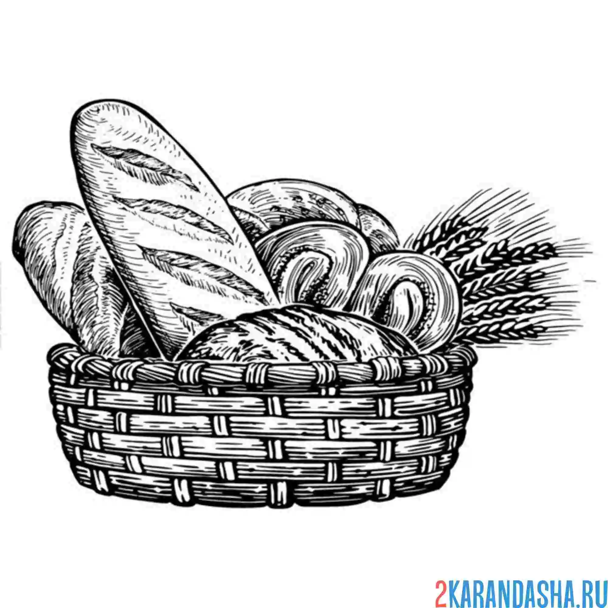 Раскраска батон и хлеб в корзинке