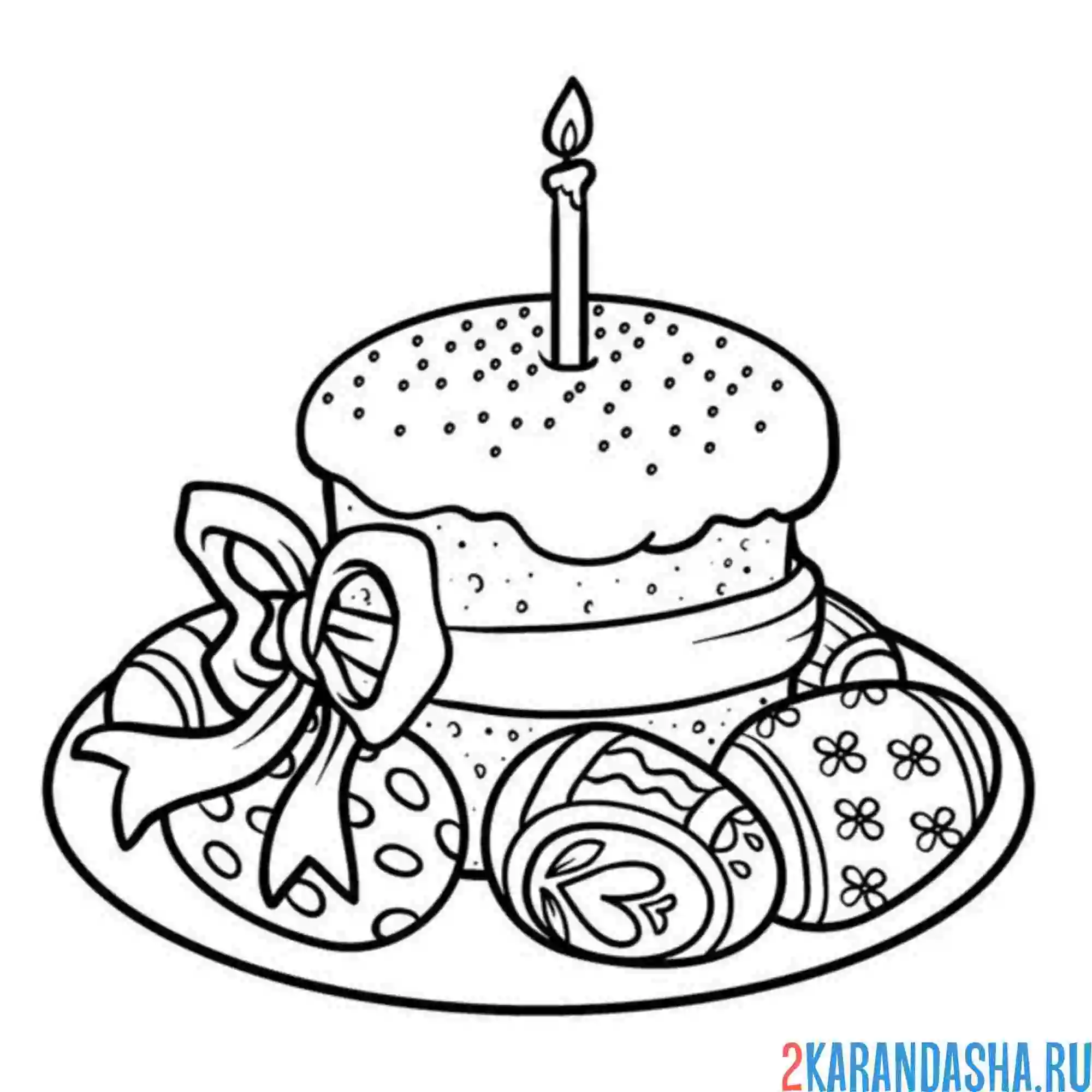 Раскраска пасхальный кулич и яички на тарелке