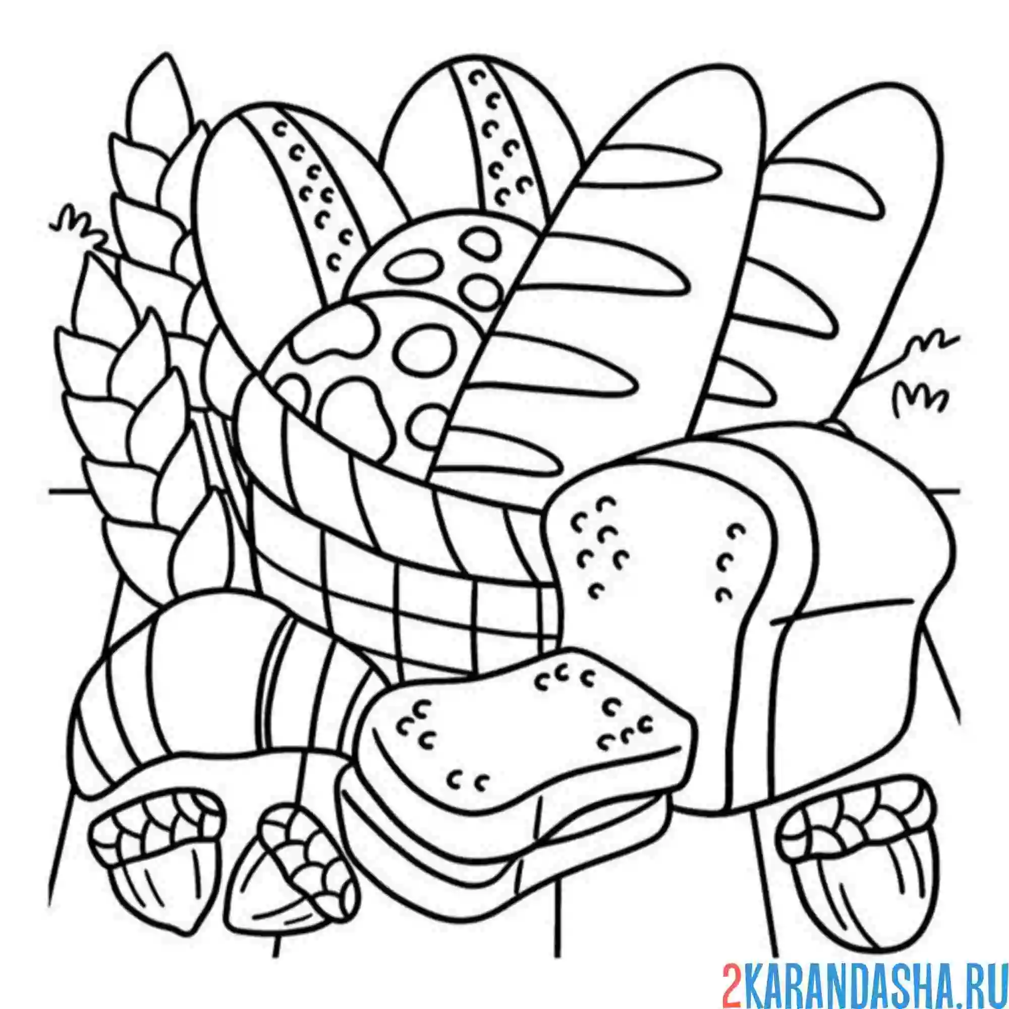 Раскраска корзинка с едой и хлебом