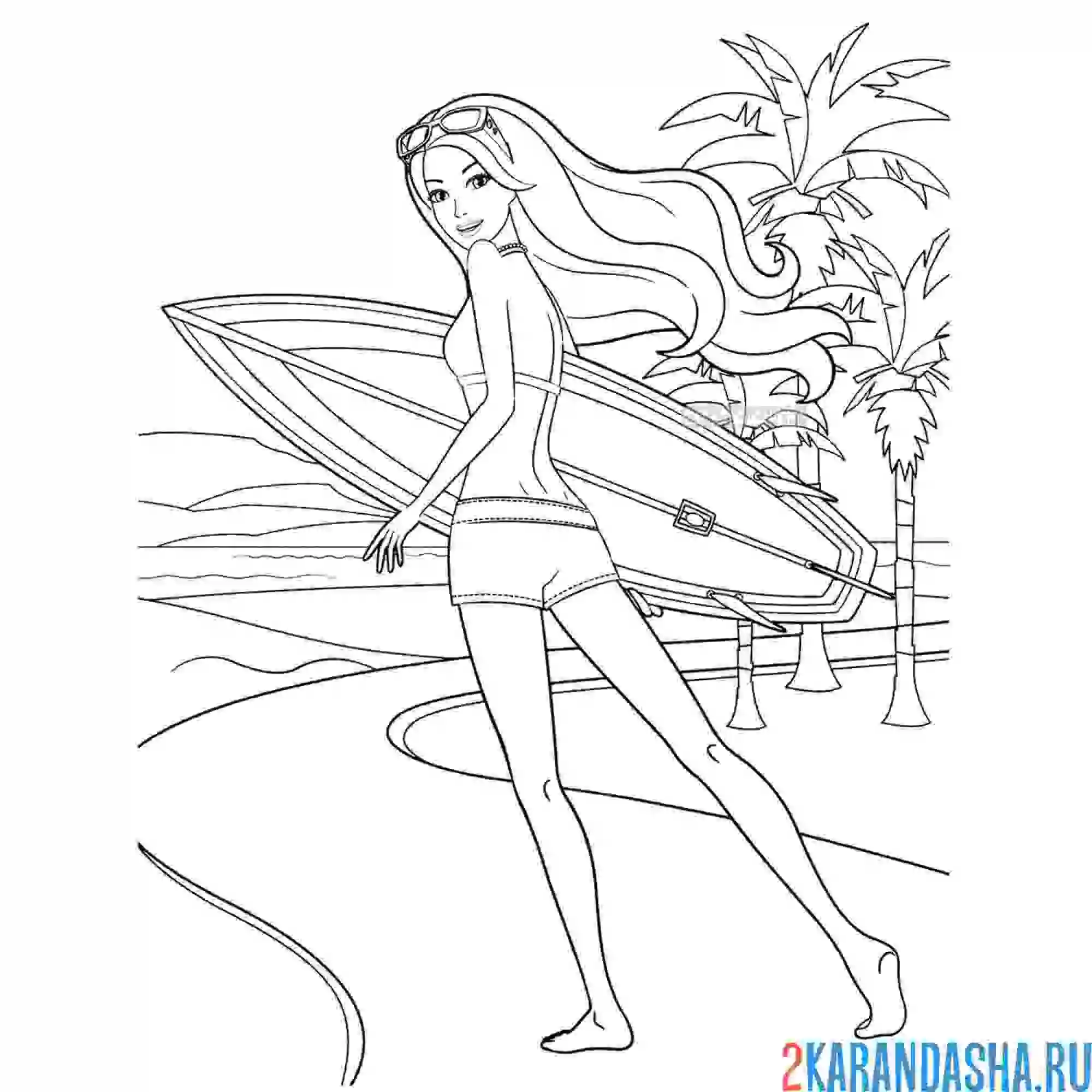 Раскраска барби вышла на пляж