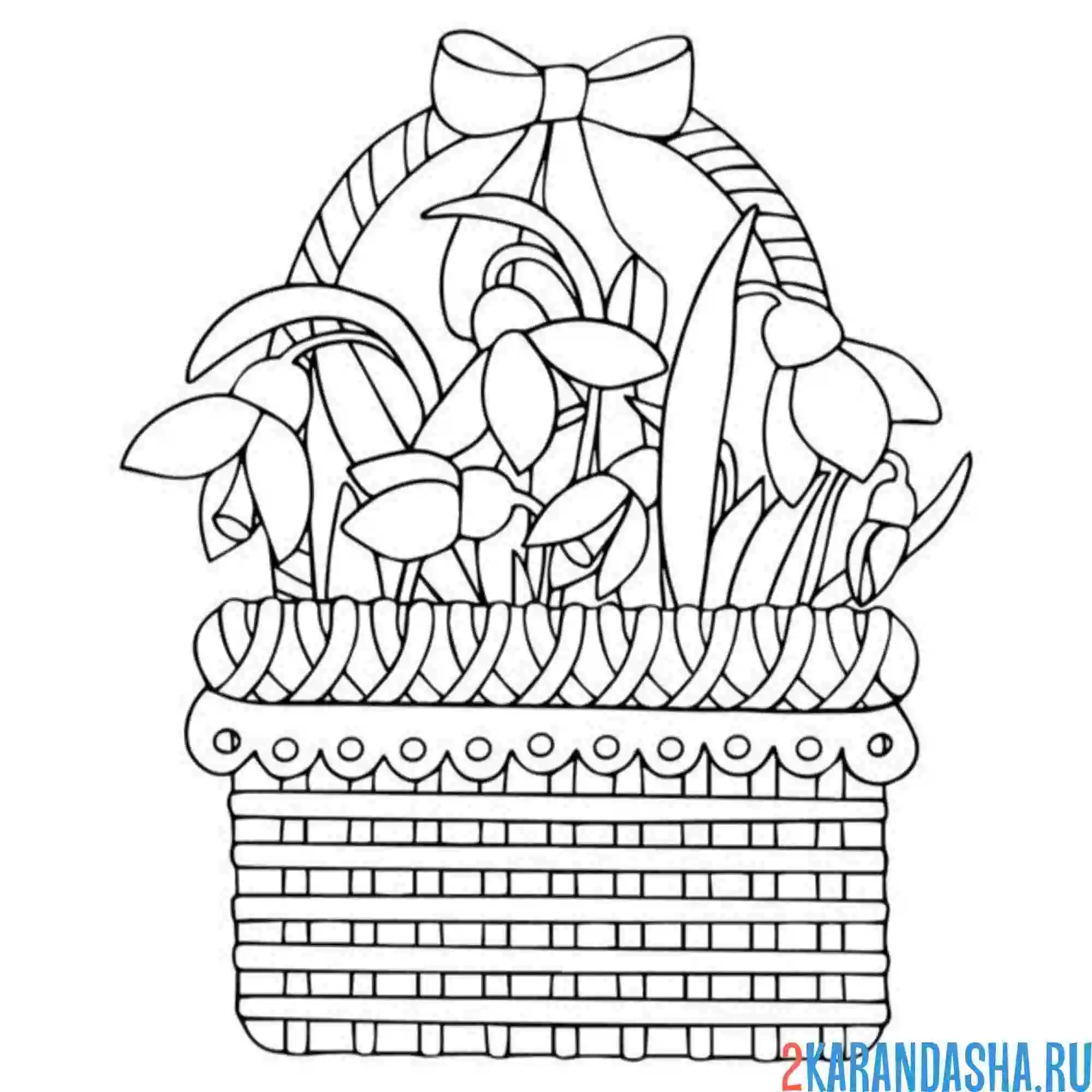 Раскраска корзина и цветы подснежники