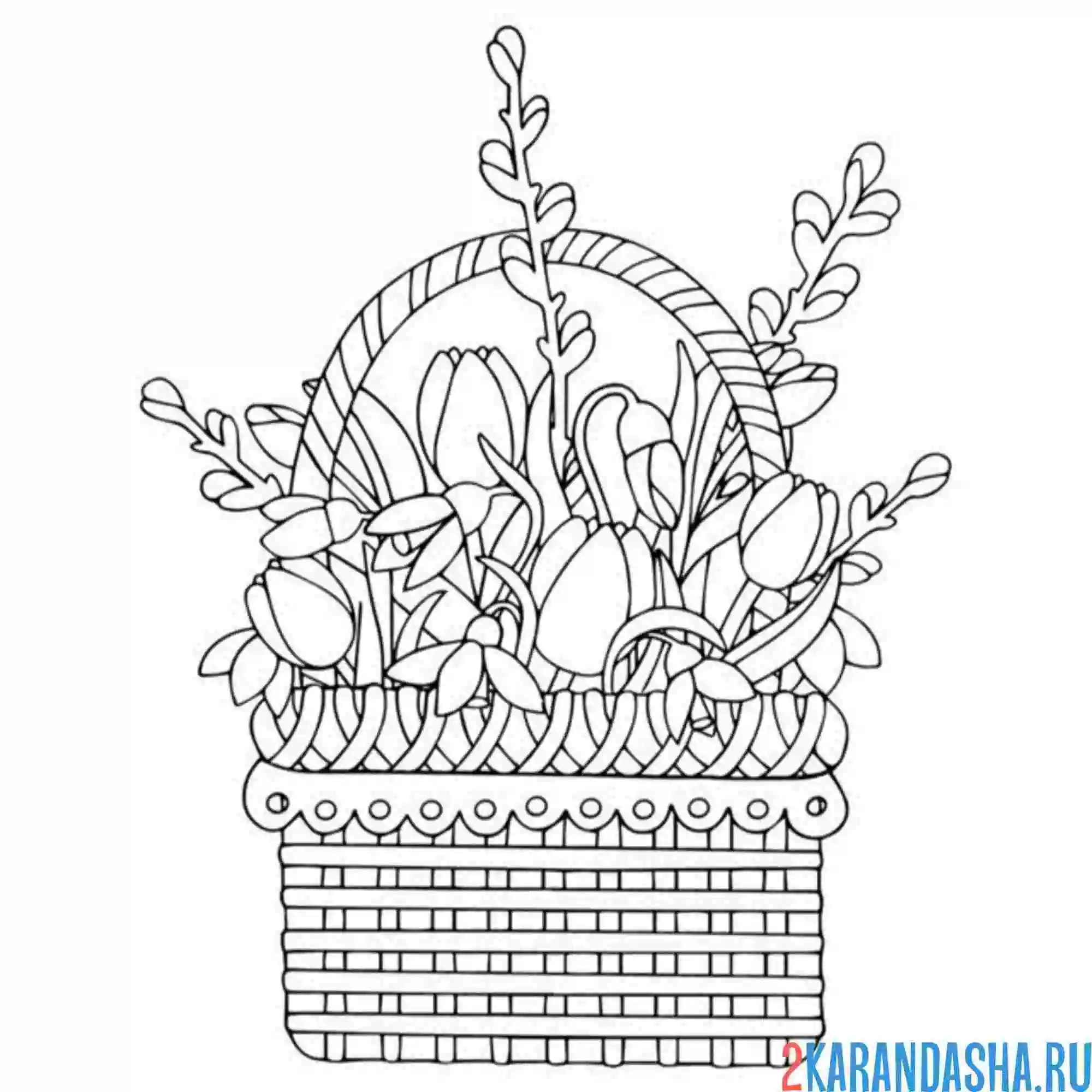 Раскраска подснежники и цветы в корзине