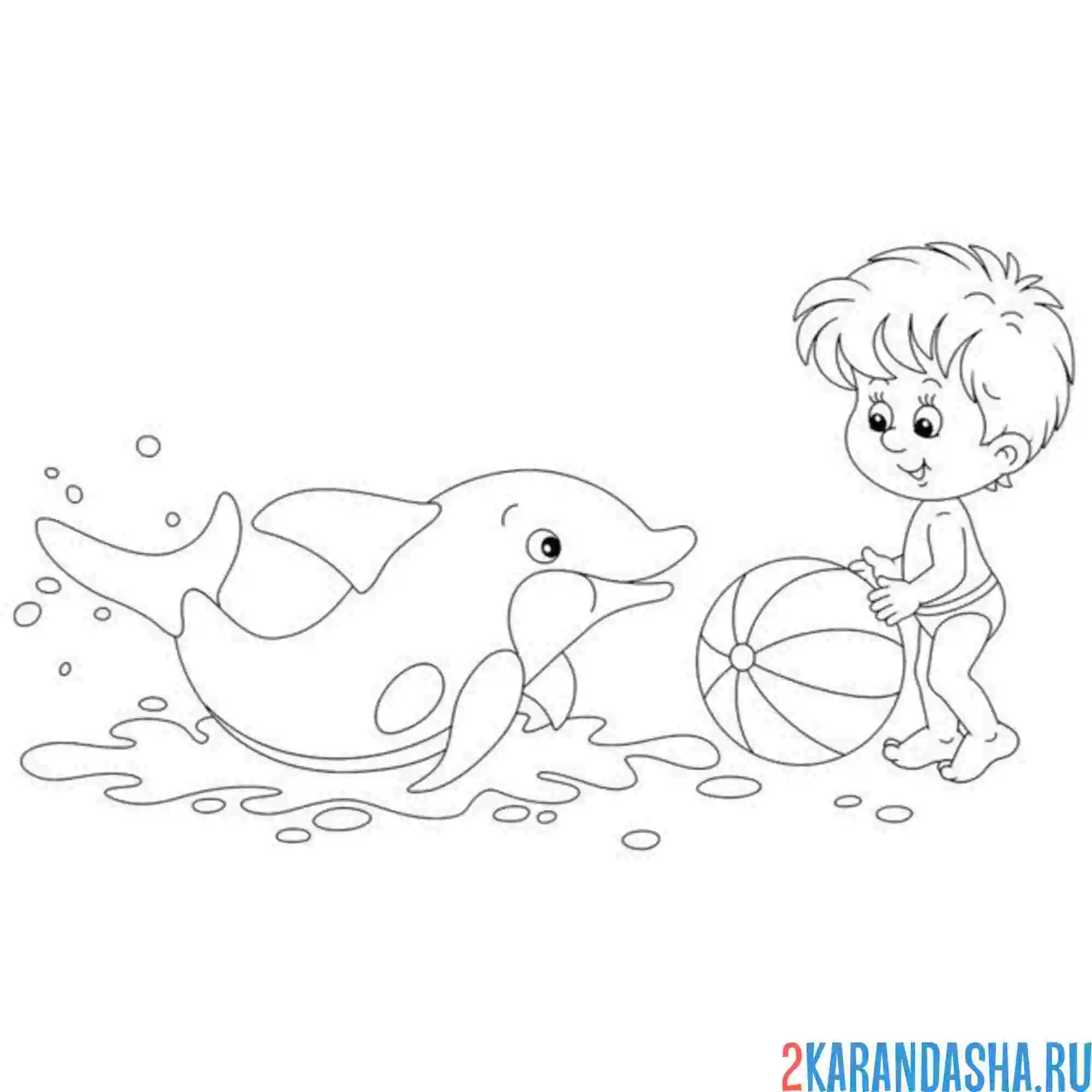 Раскраска мальчик играет с дельфином