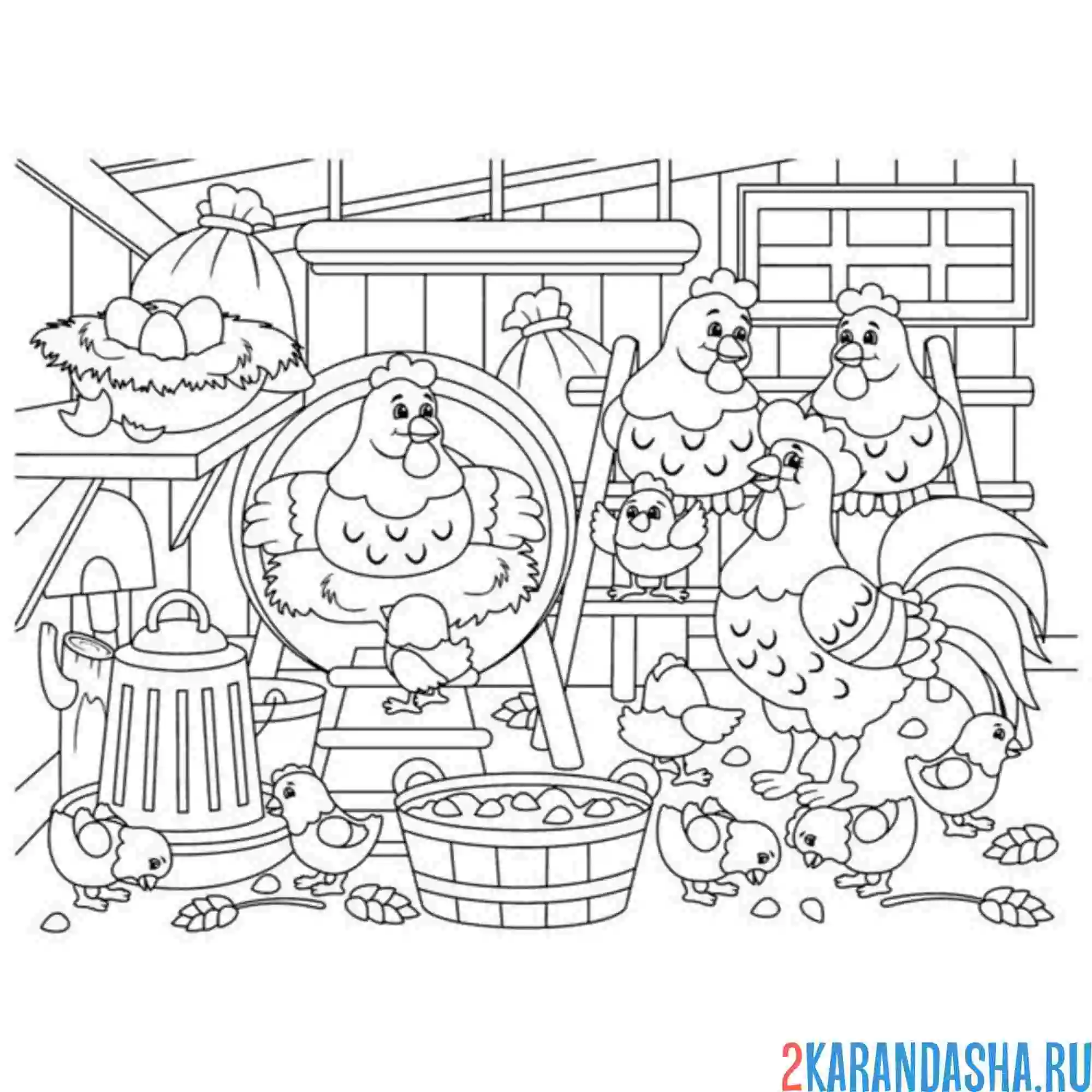 Раскраска курятник с курами