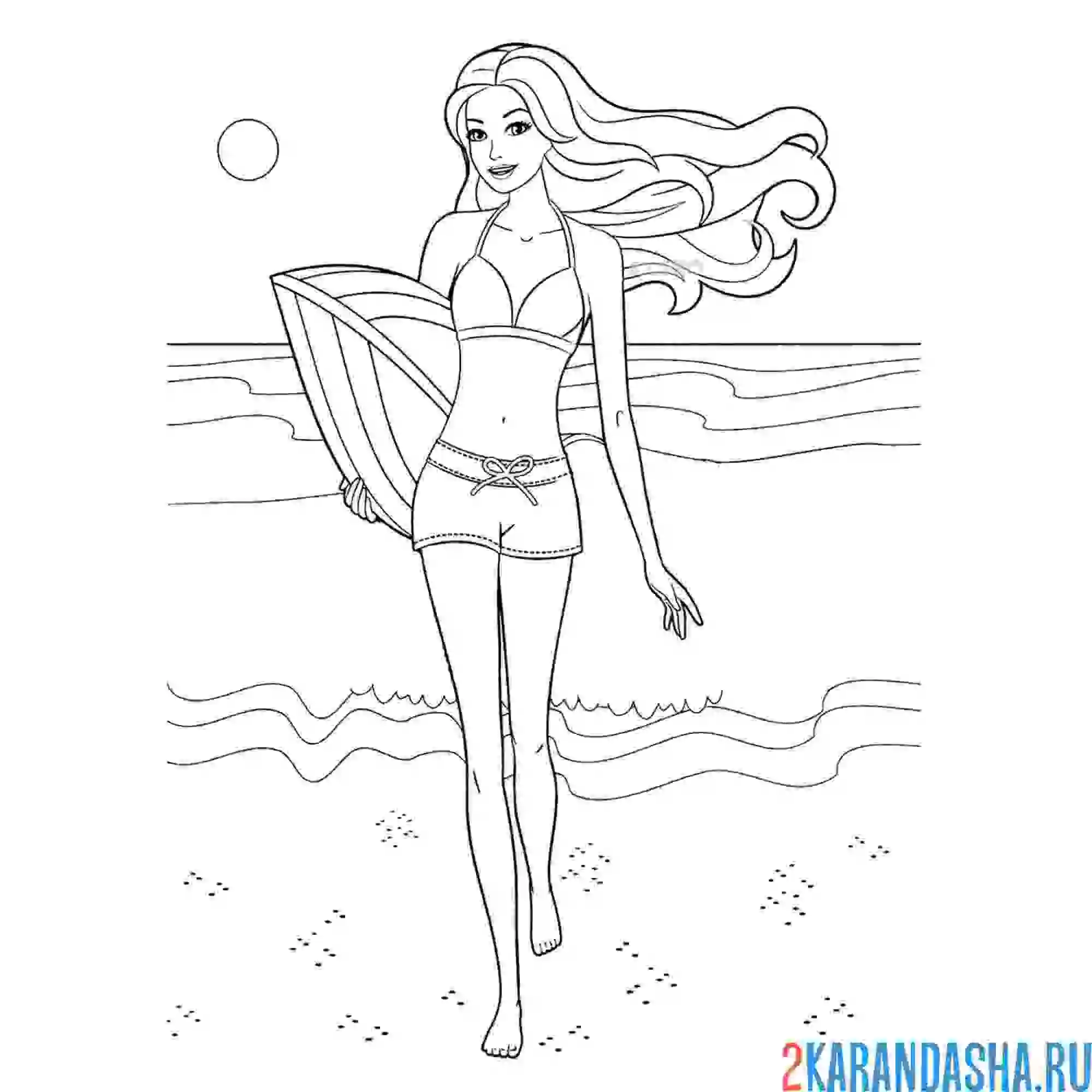 Раскраска барби в шортах и купальнике на пляже