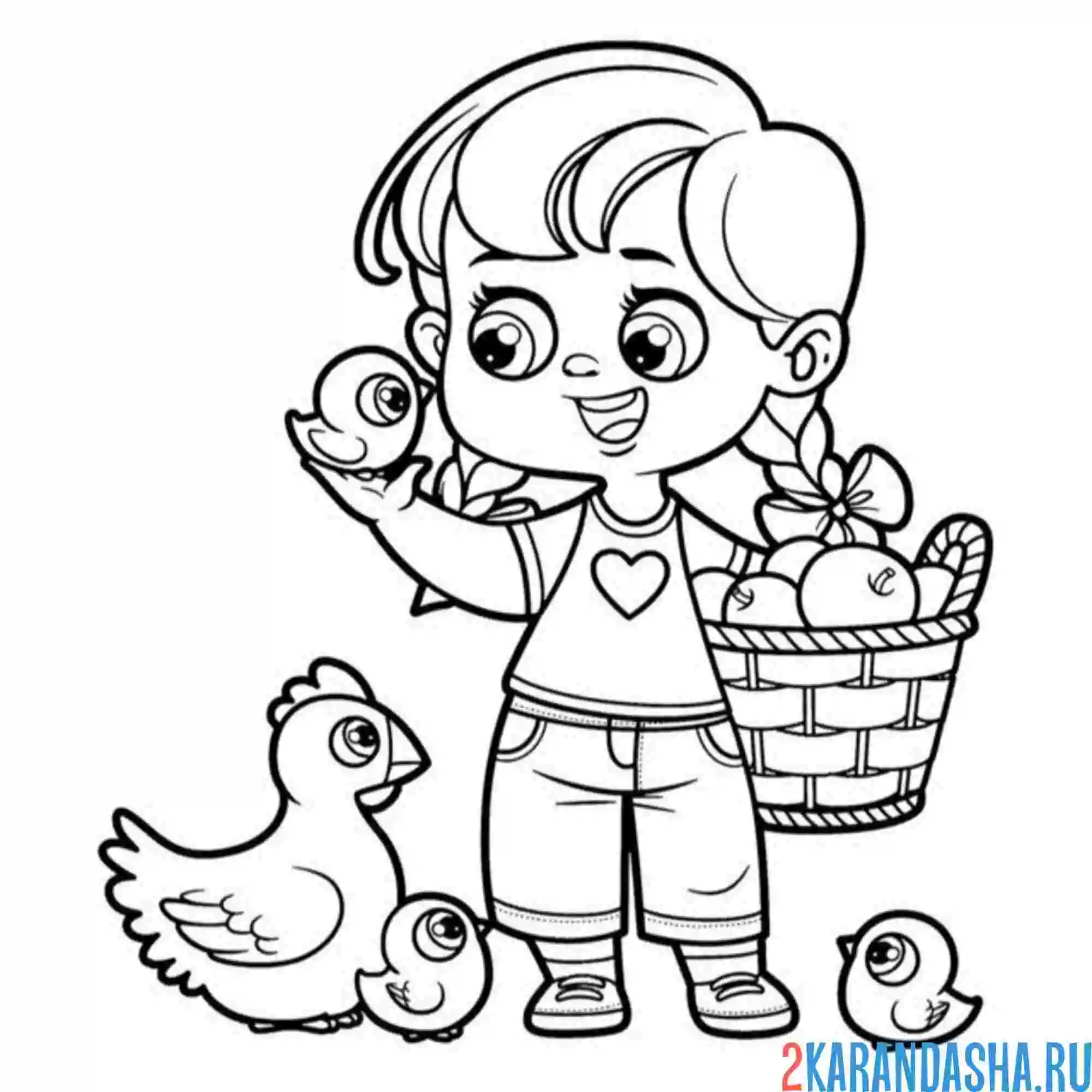 Раскраска девочка на ферме и курочка