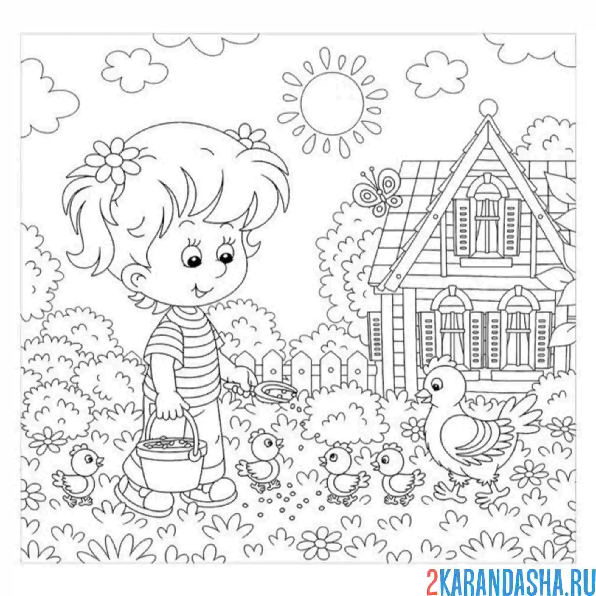 Раскраска девочка на ферме кормит курицу
