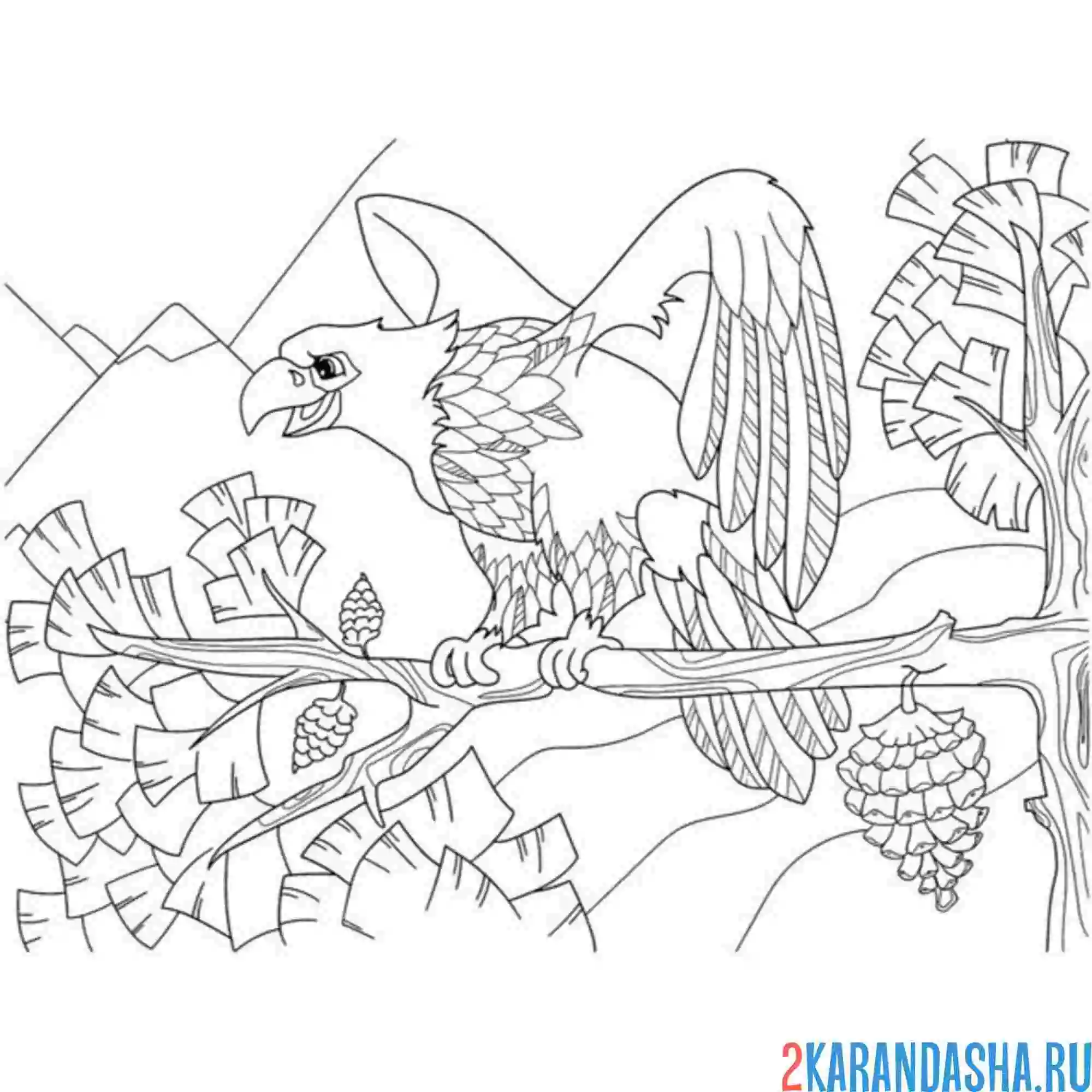 Раскраска орел в лесу на ветке