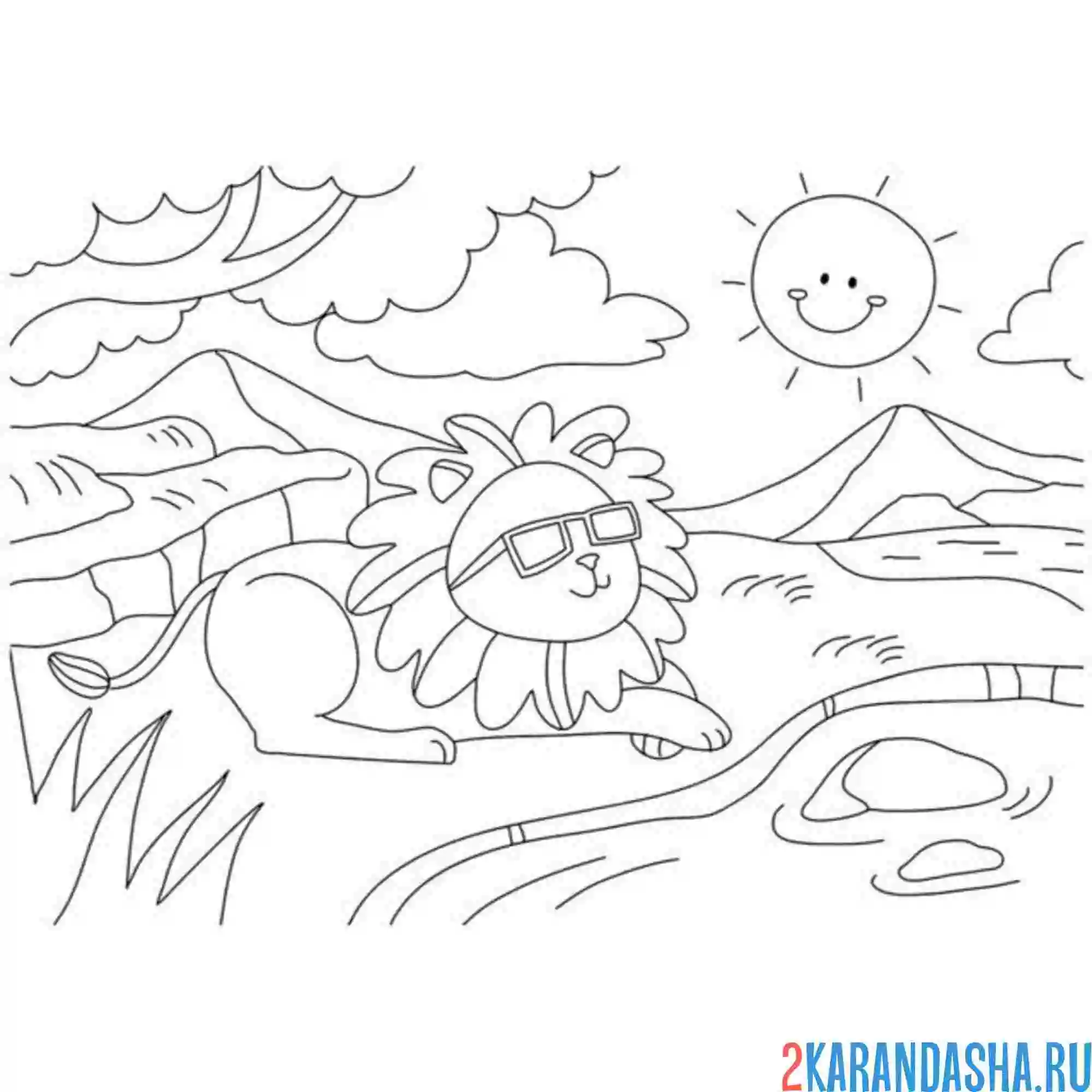 Раскраска лев греется на солнце