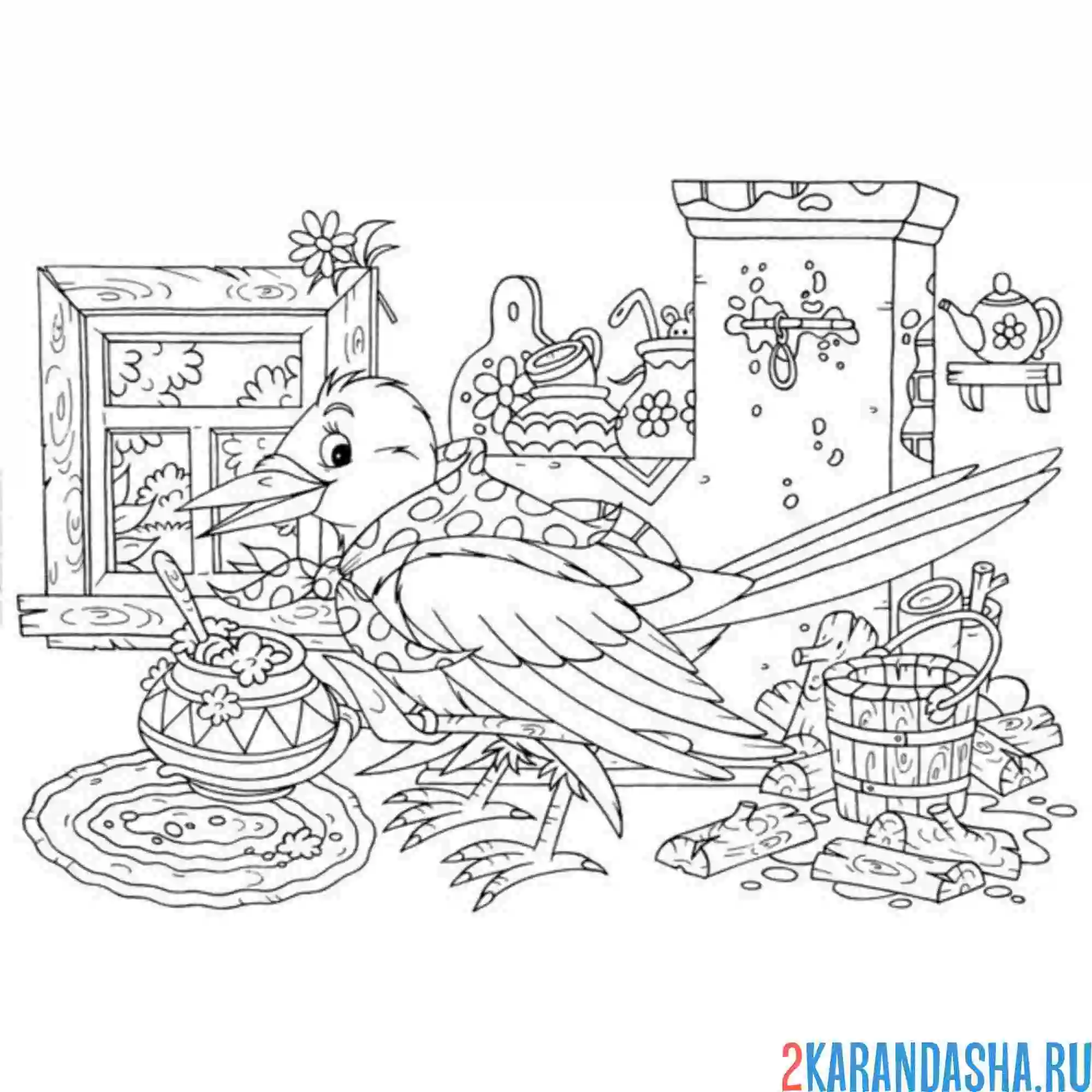 Раскраска сорока-белобока готовит кашу