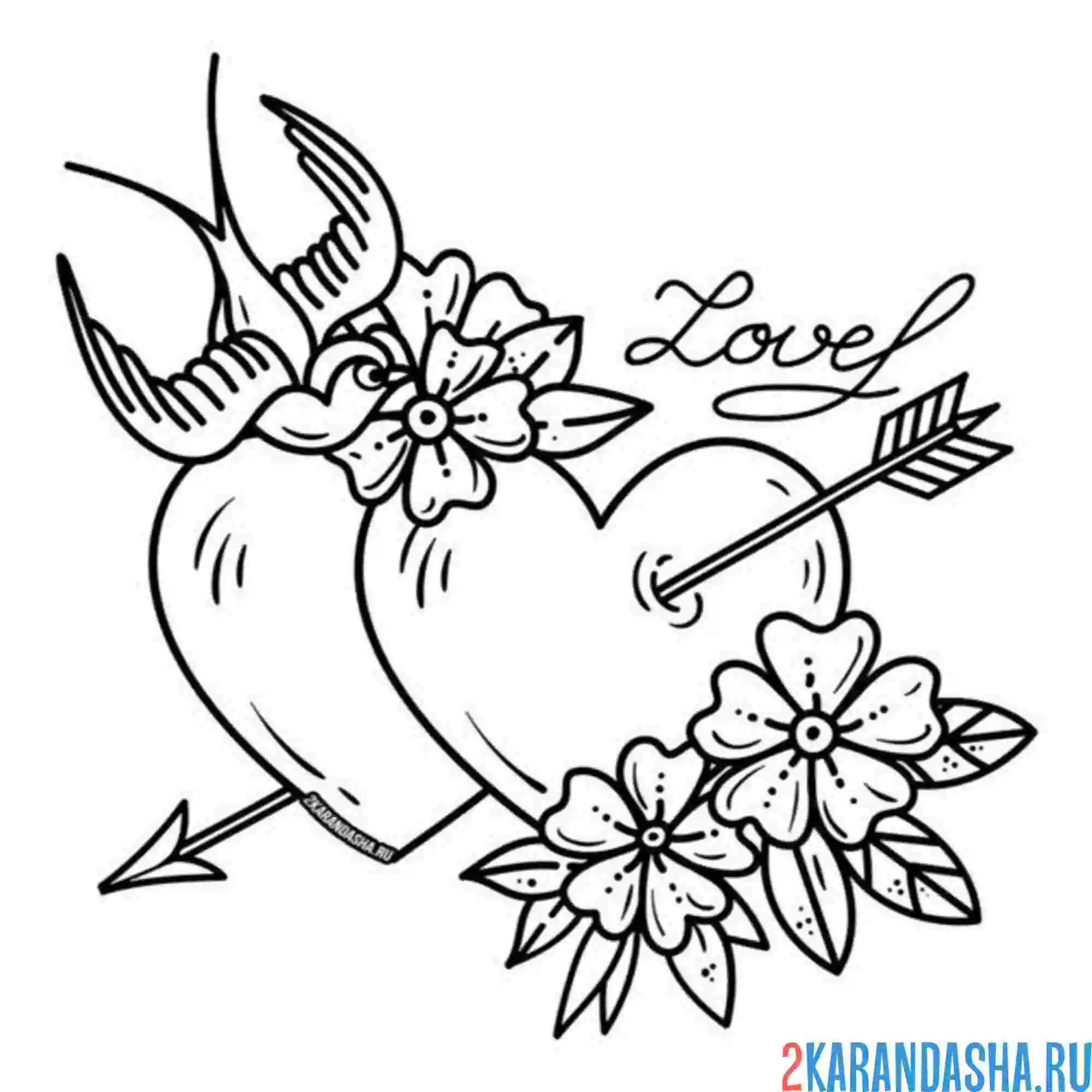 Раскраска ласточка татуировка сердца