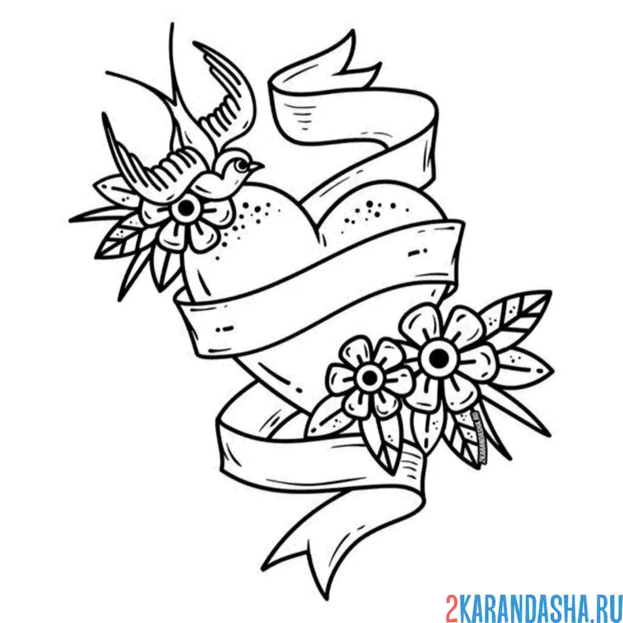 Раскраска ласточка сердечко и цветы