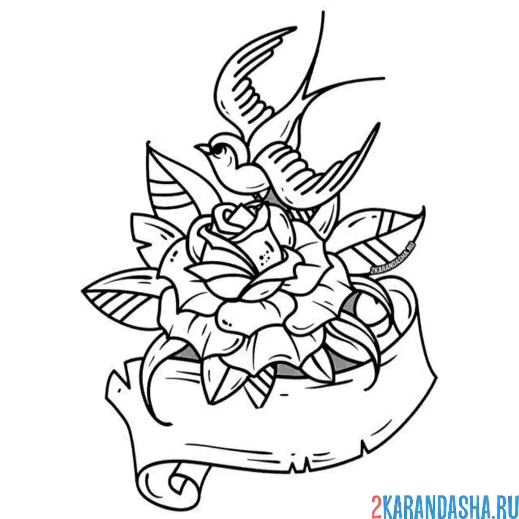 Раскраска ласточка тату в цветочке