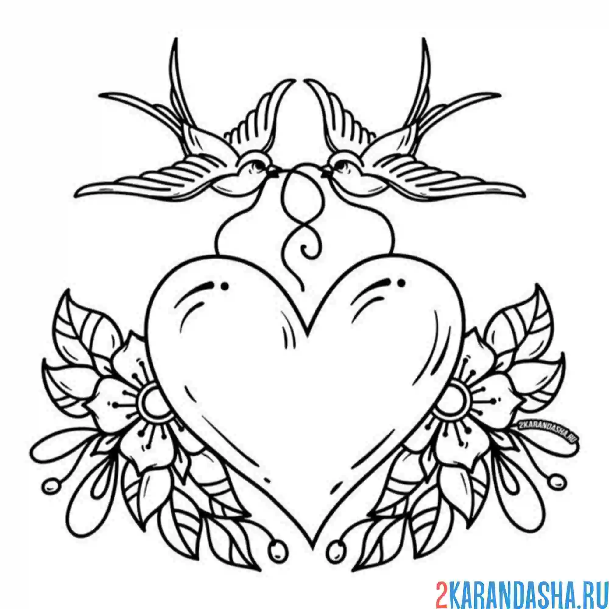 Раскраска две ласточки сердце тату