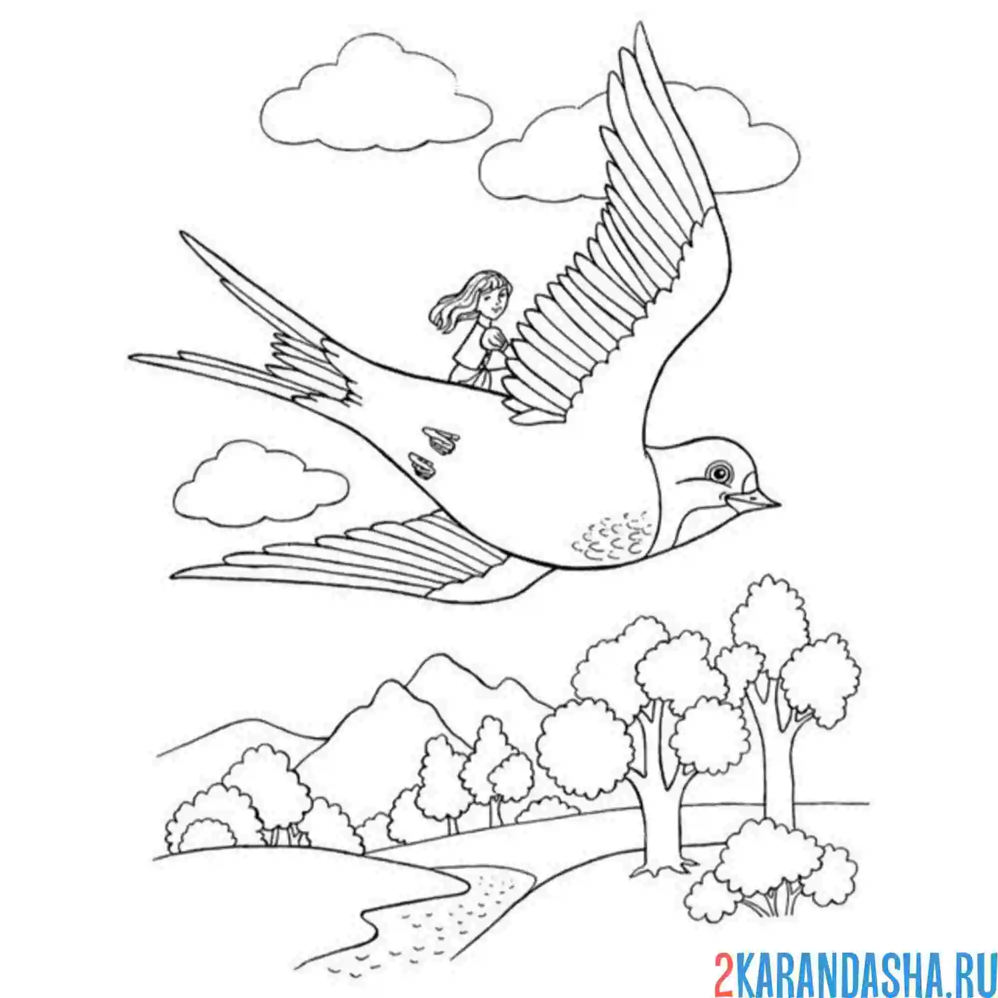 Раскраска дюймовочка и ласточка