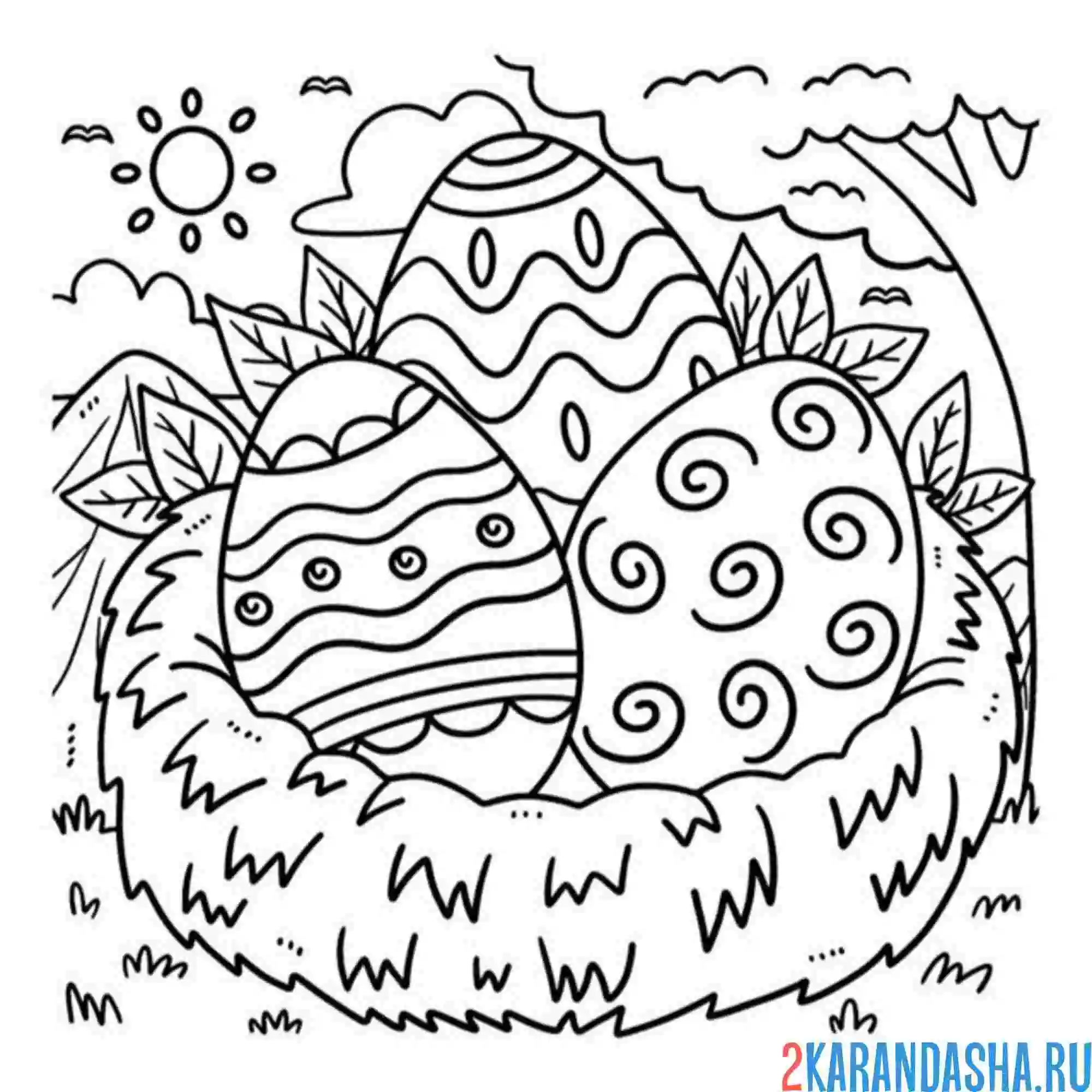 Раскраска пасхальные яйца в гнезде