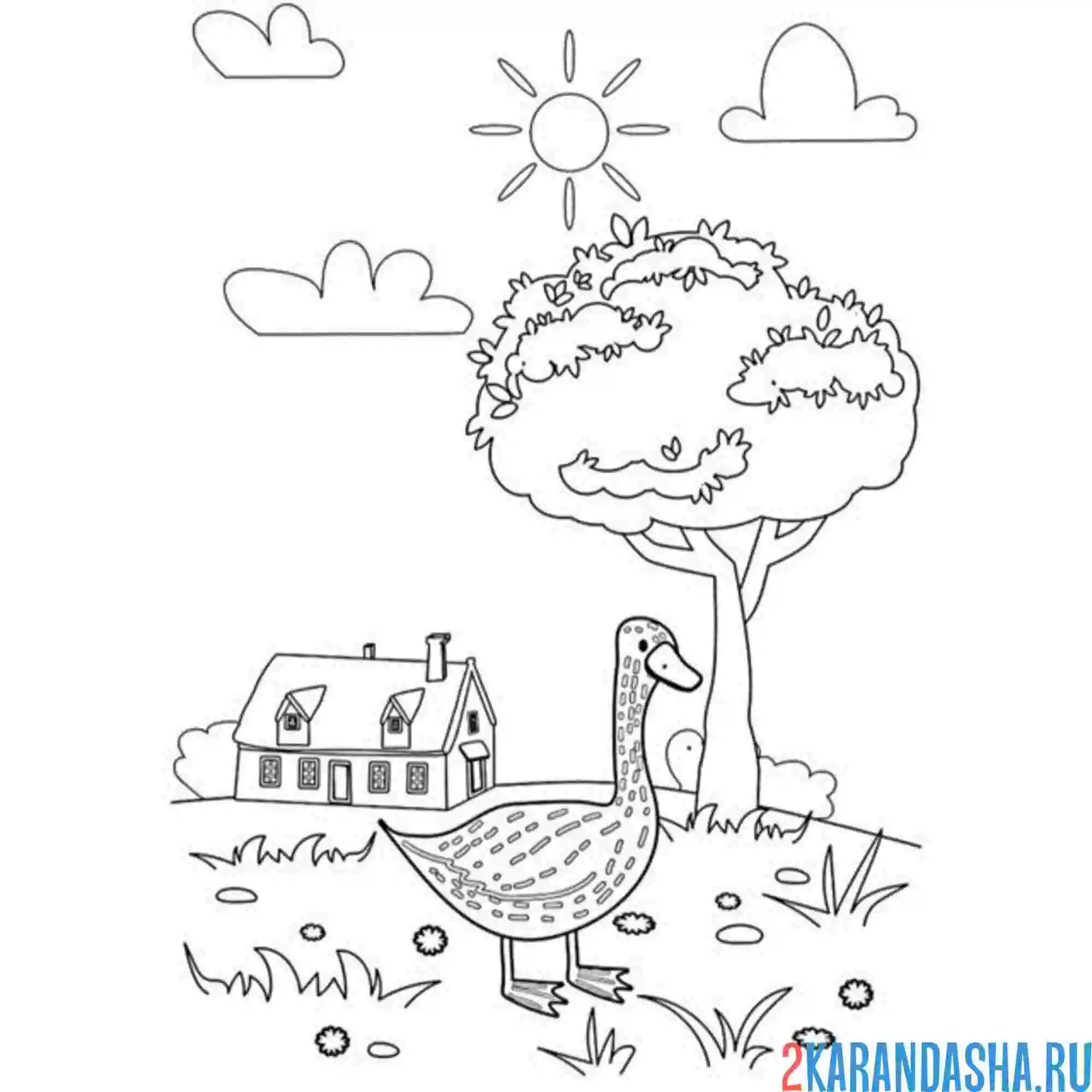 Раскраска гусь под деревом