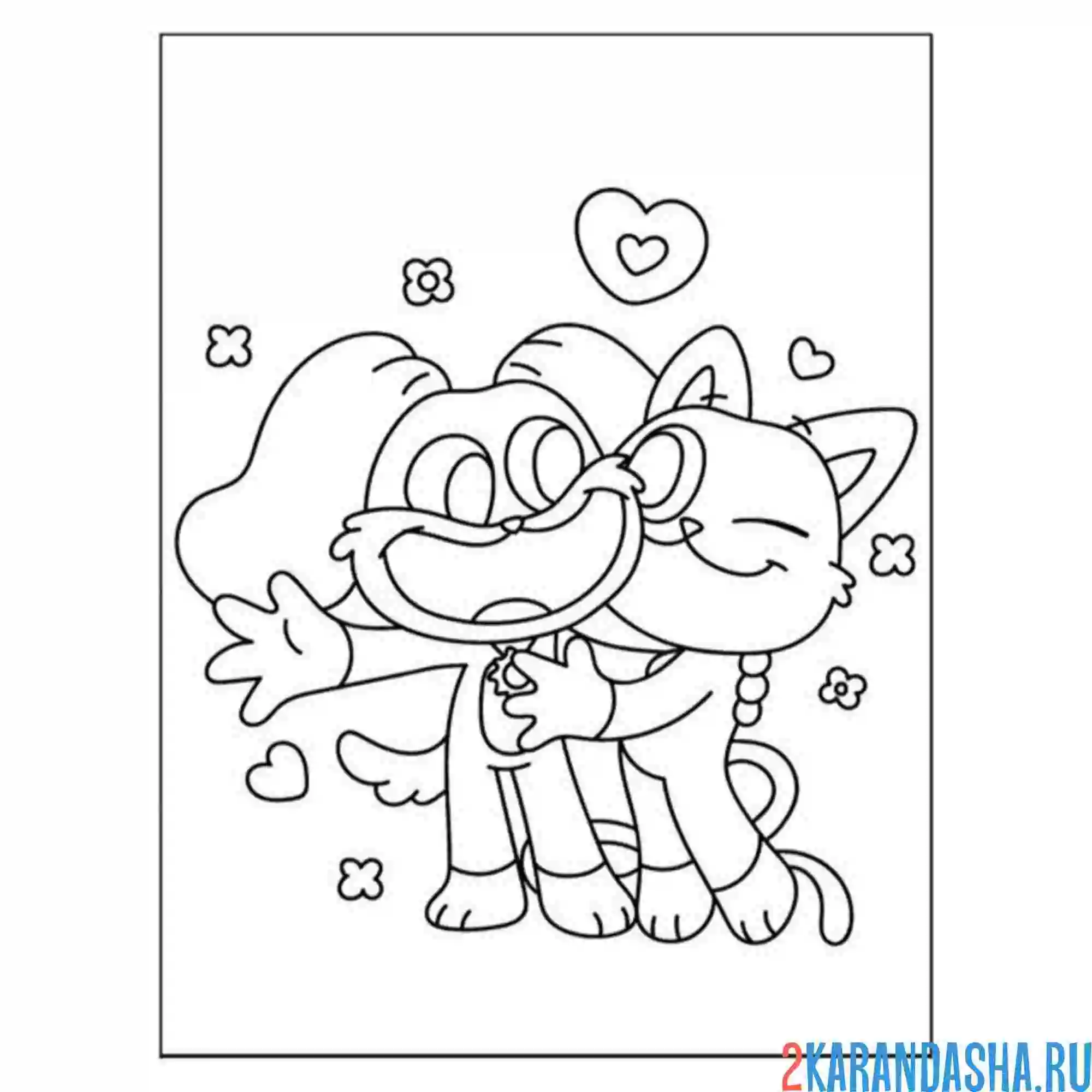 Раскраска catnap обнимаются с dogday