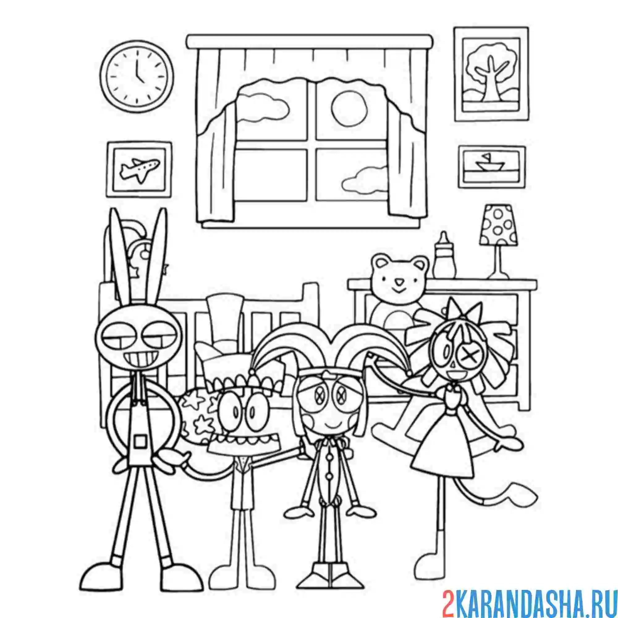 Раскраска удивительный цифровой цирк персонажи
