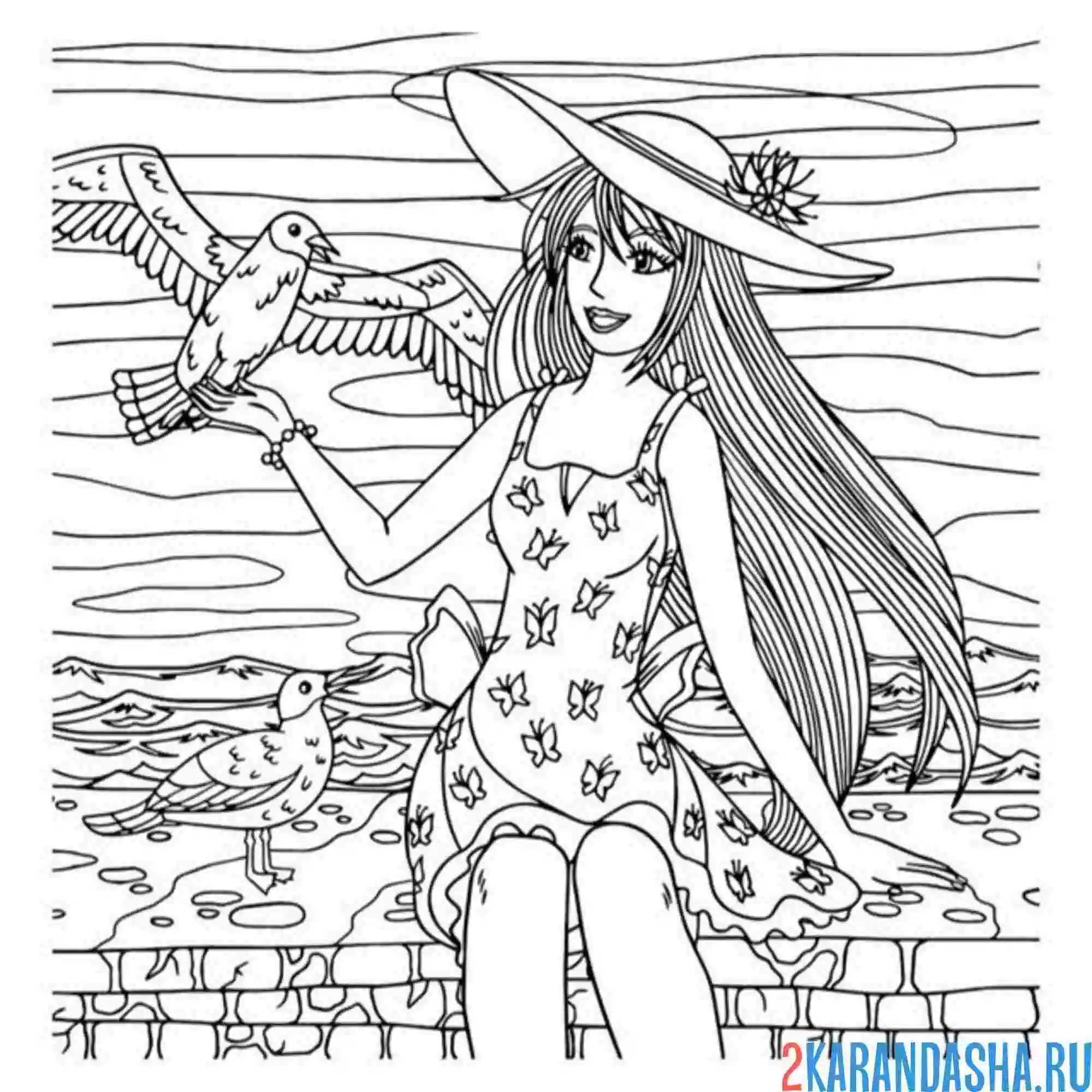 Раскраска девушка и чайка на пляже