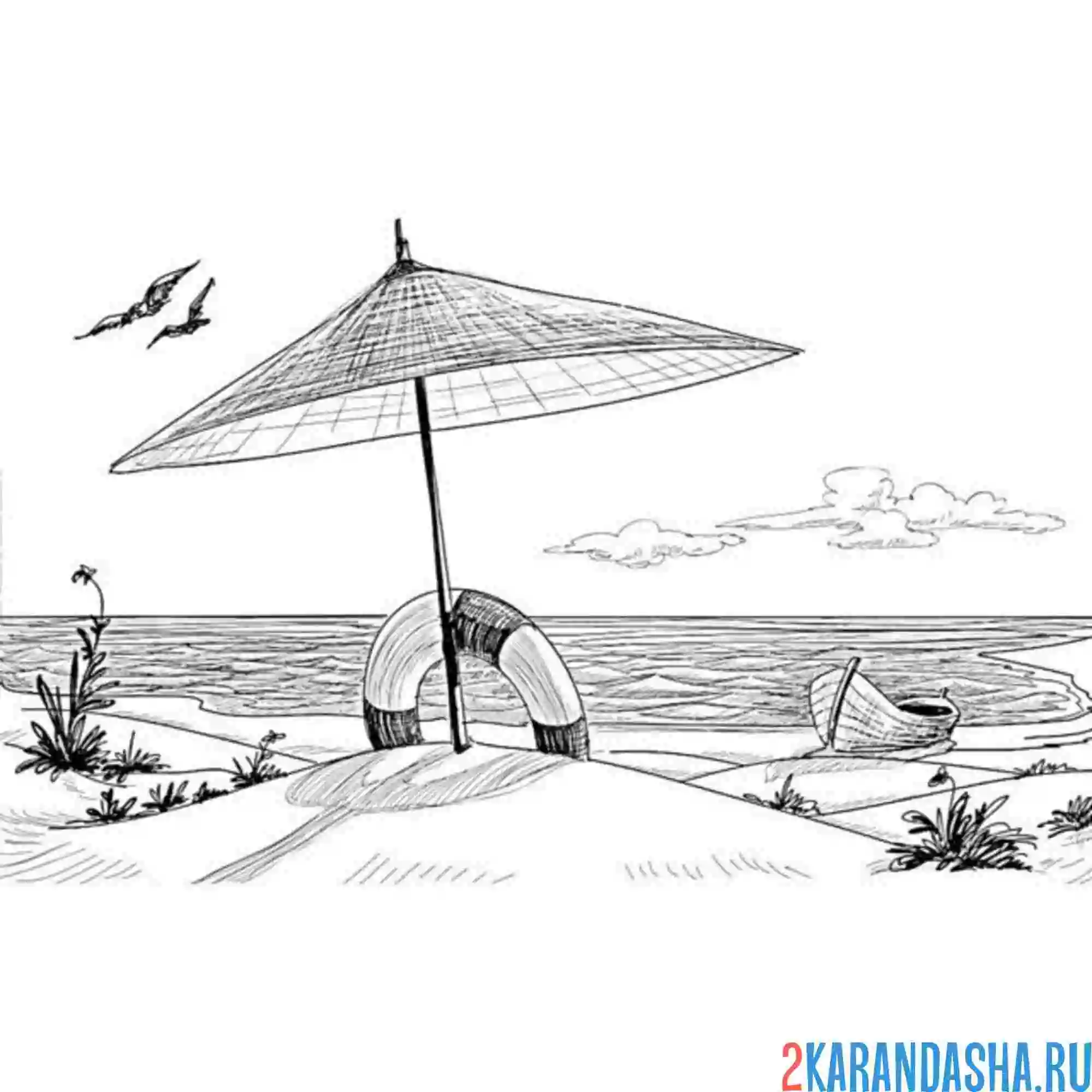Раскраска пляж море чайка