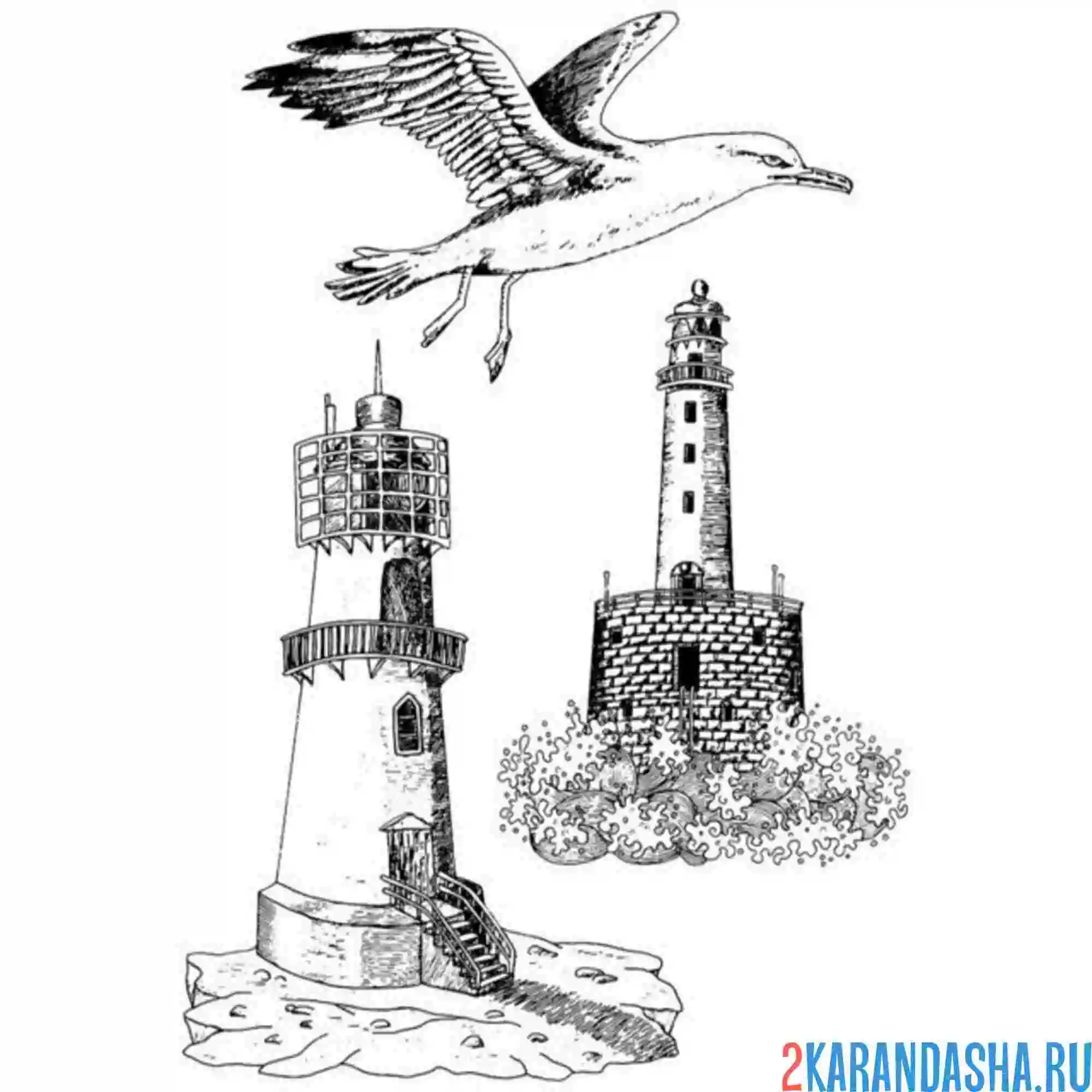 Раскраска чайка и маяк