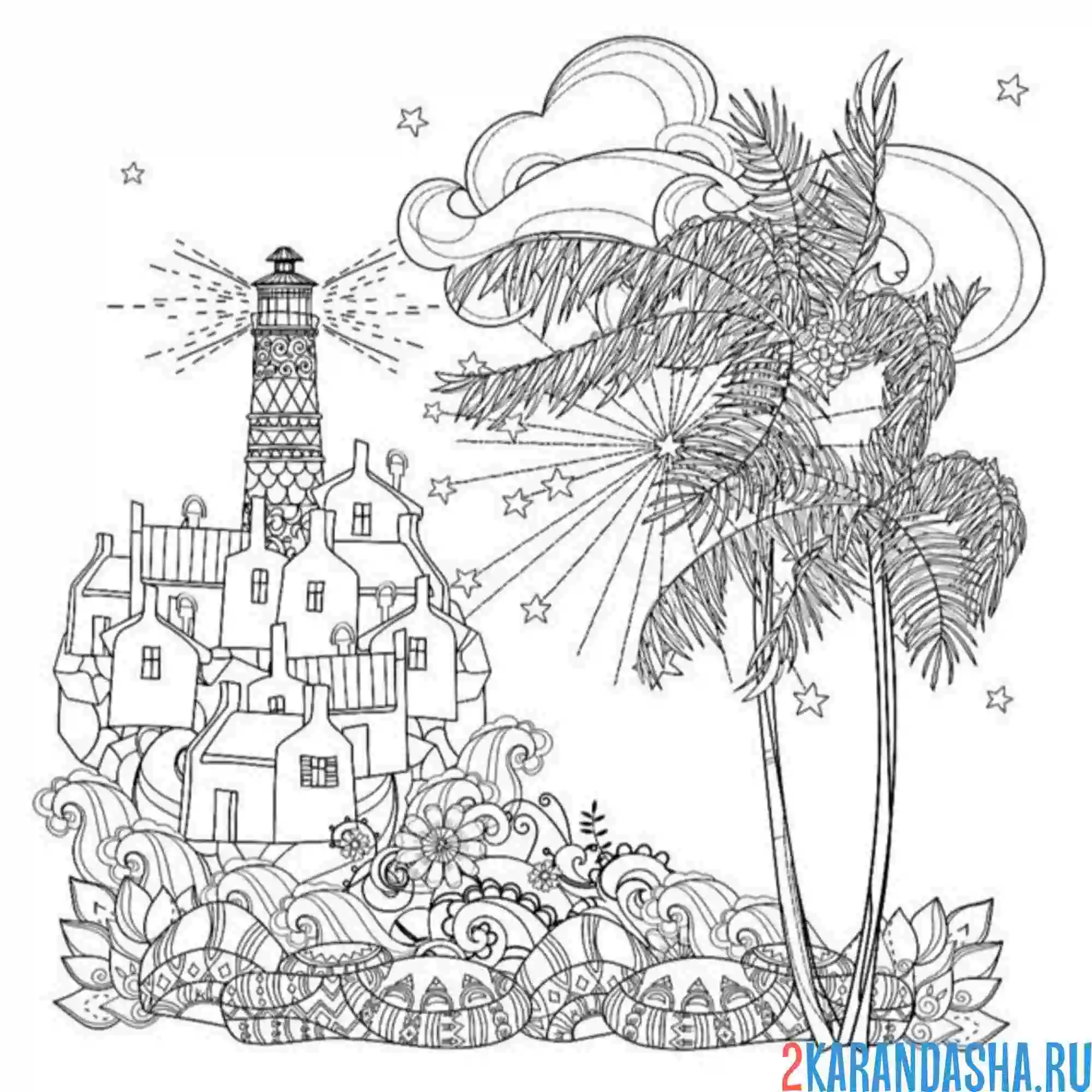 Раскраска пальма и маяк