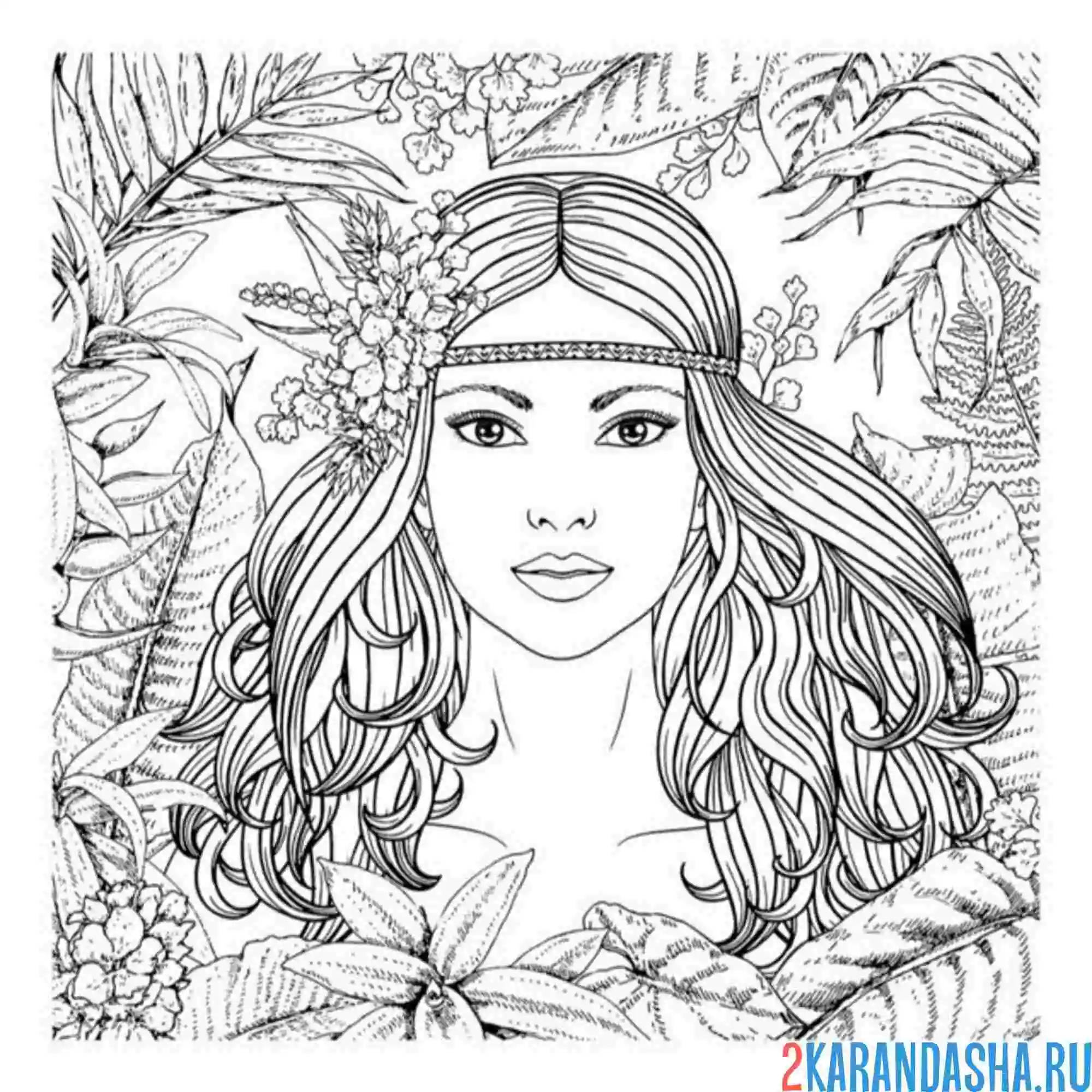 Раскраска девушка в листьях пальмы