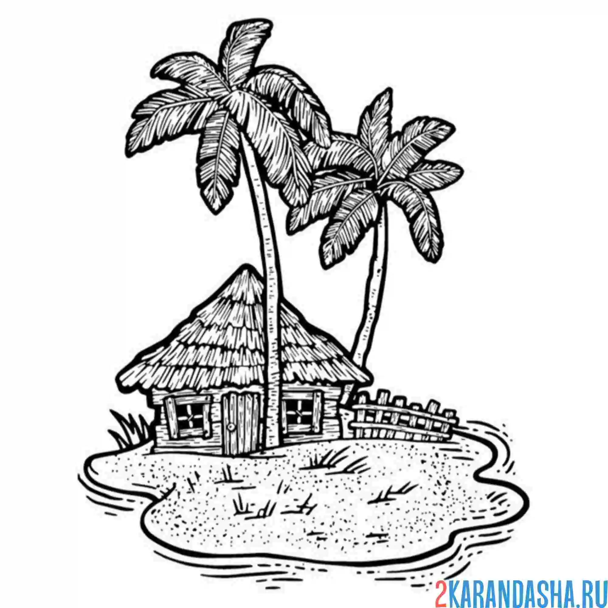 Раскраска бунгало и пальмы