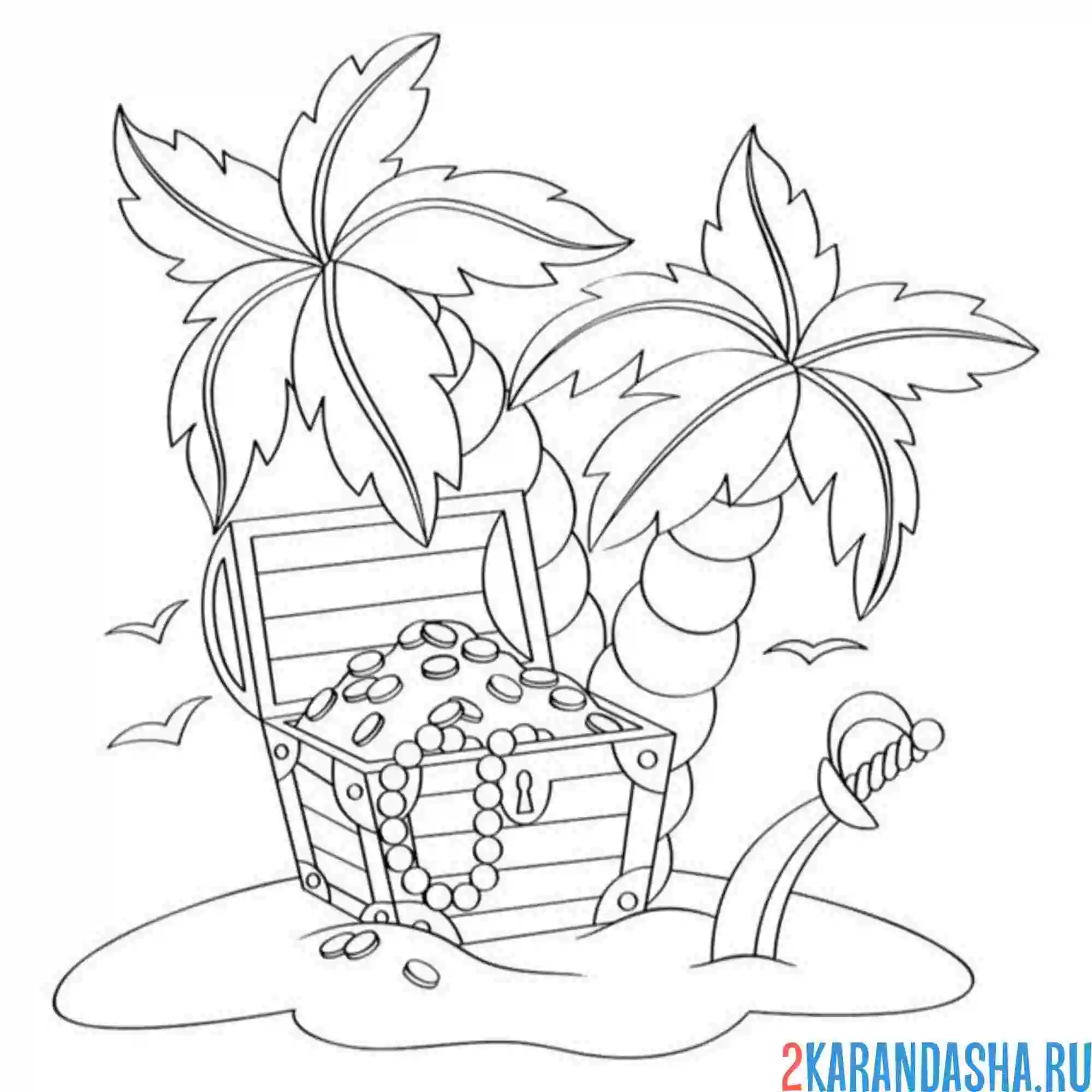 Раскраска сундук сокровища пальма