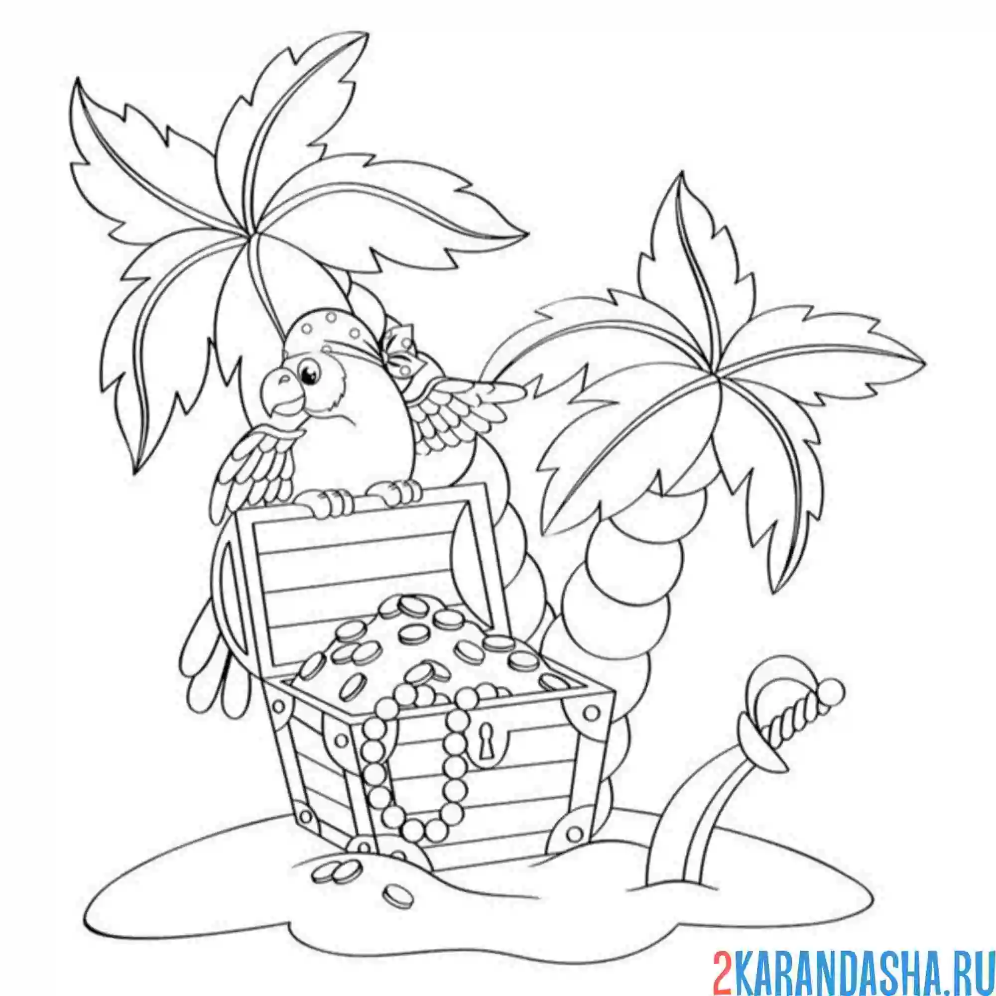 Раскраска попугай охраняет сокровища пальма
