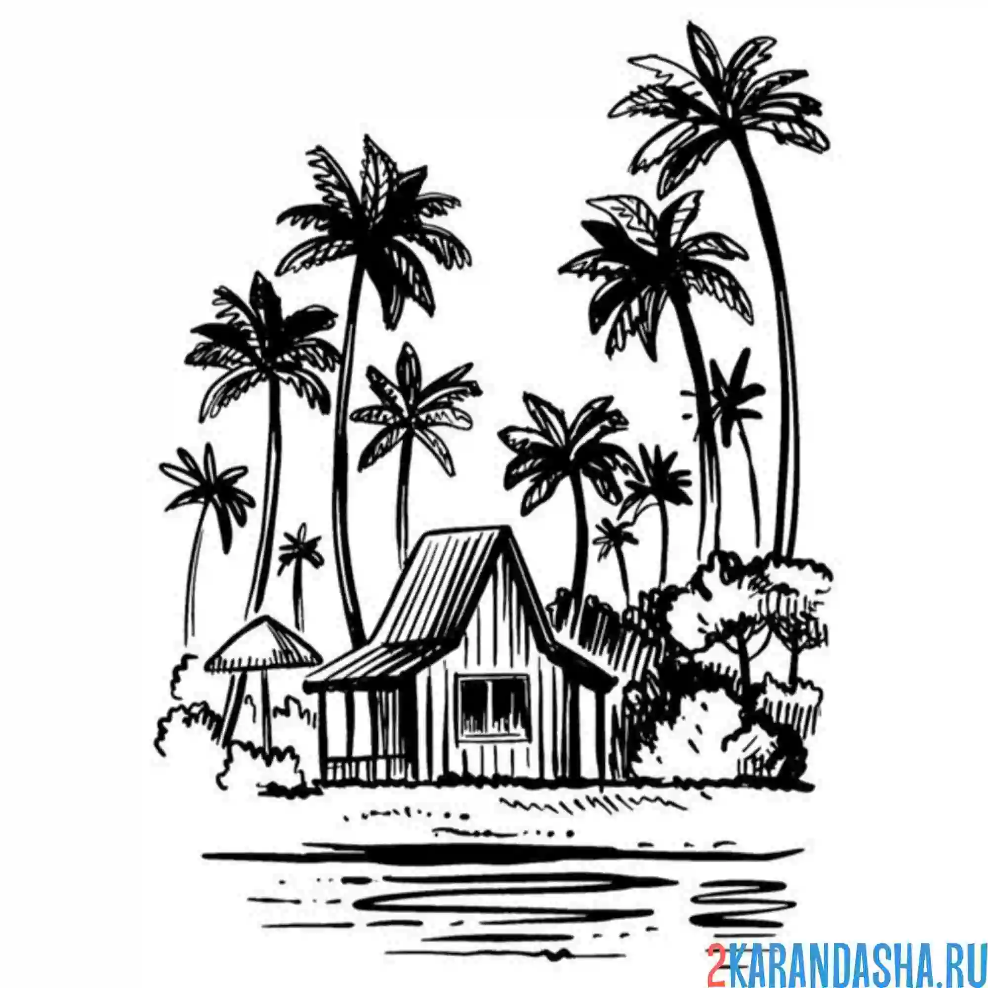 Раскраска вьетнам бунгало и пальмы