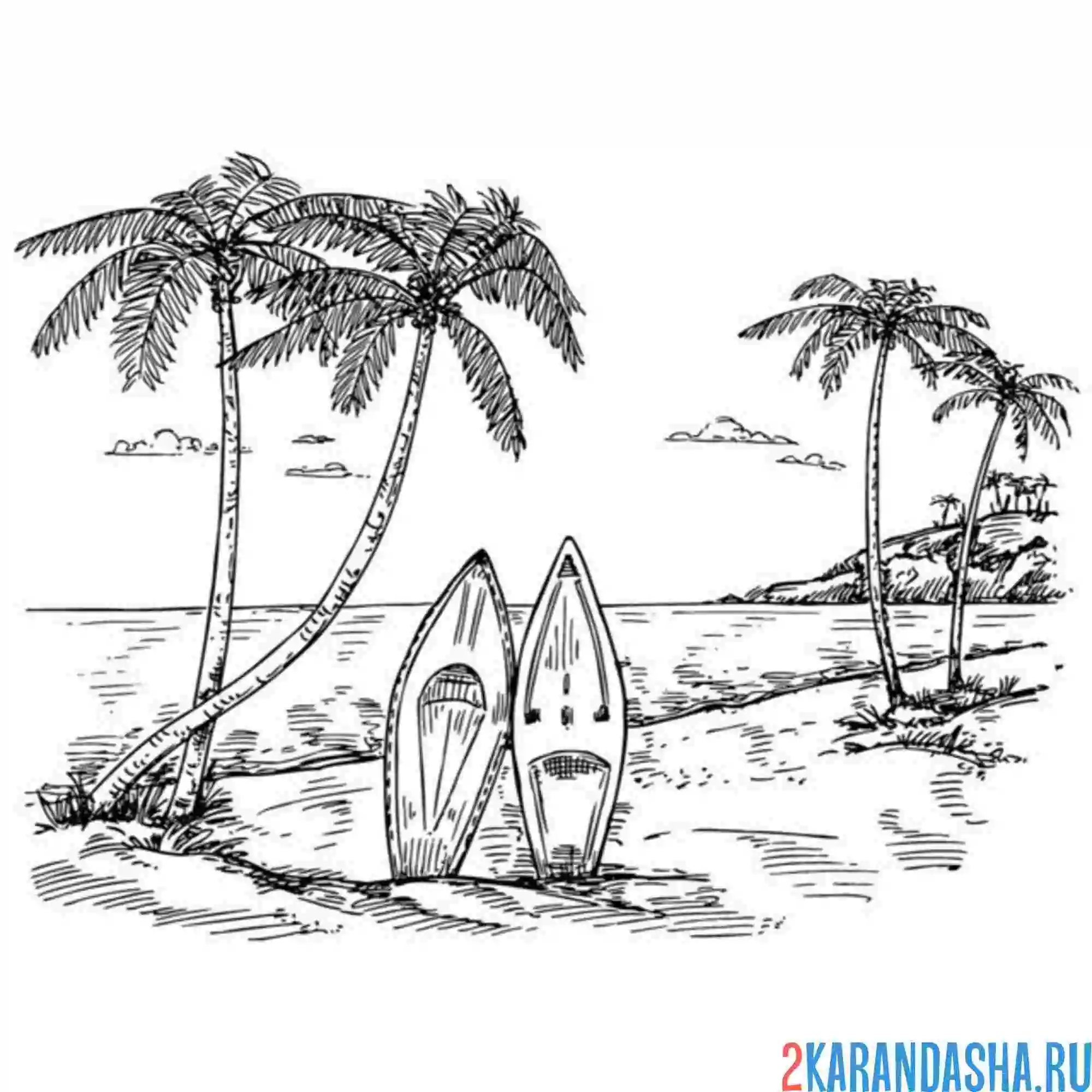 Раскраска доски для серфинга и пальма