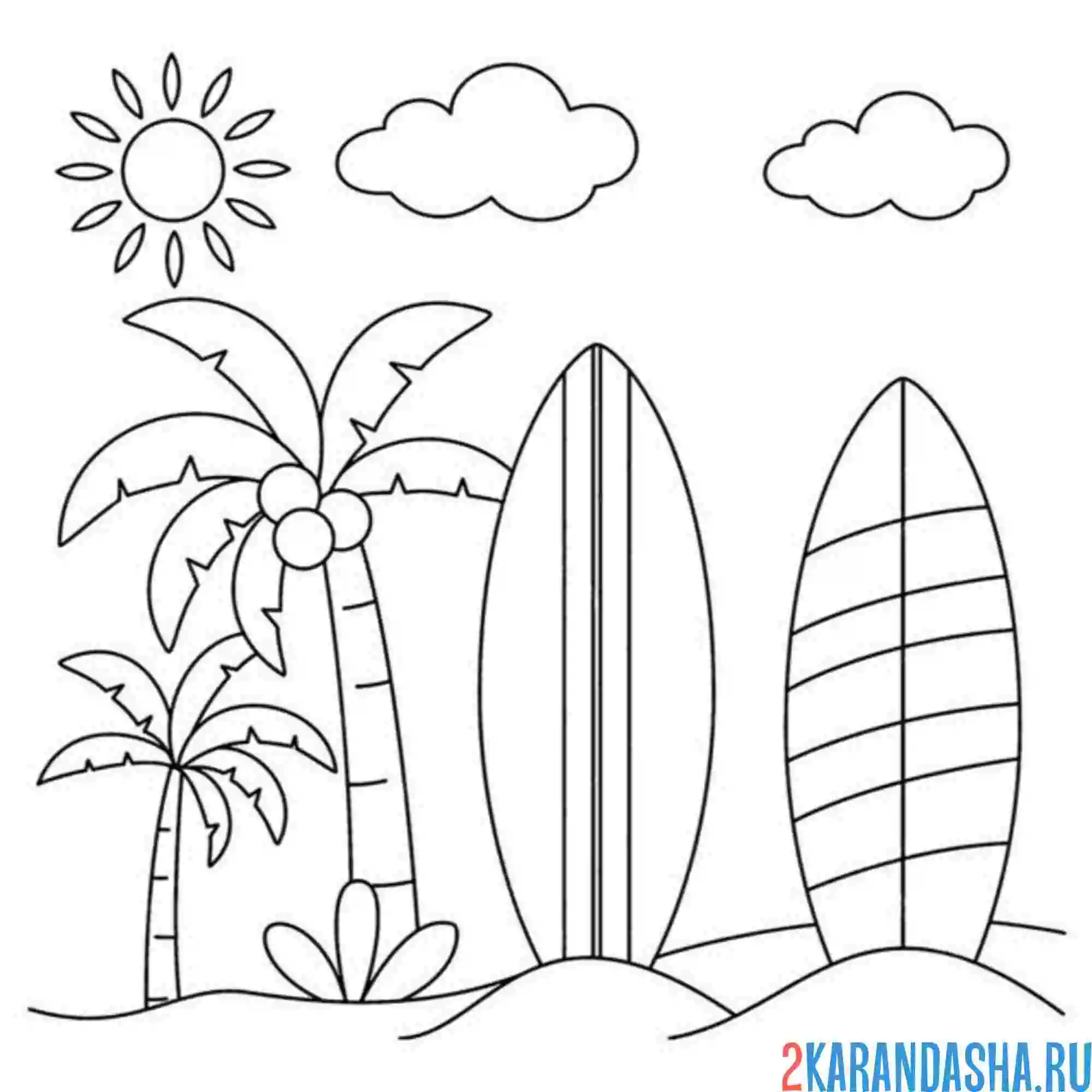 Раскраска две пальмы и доски серфинг