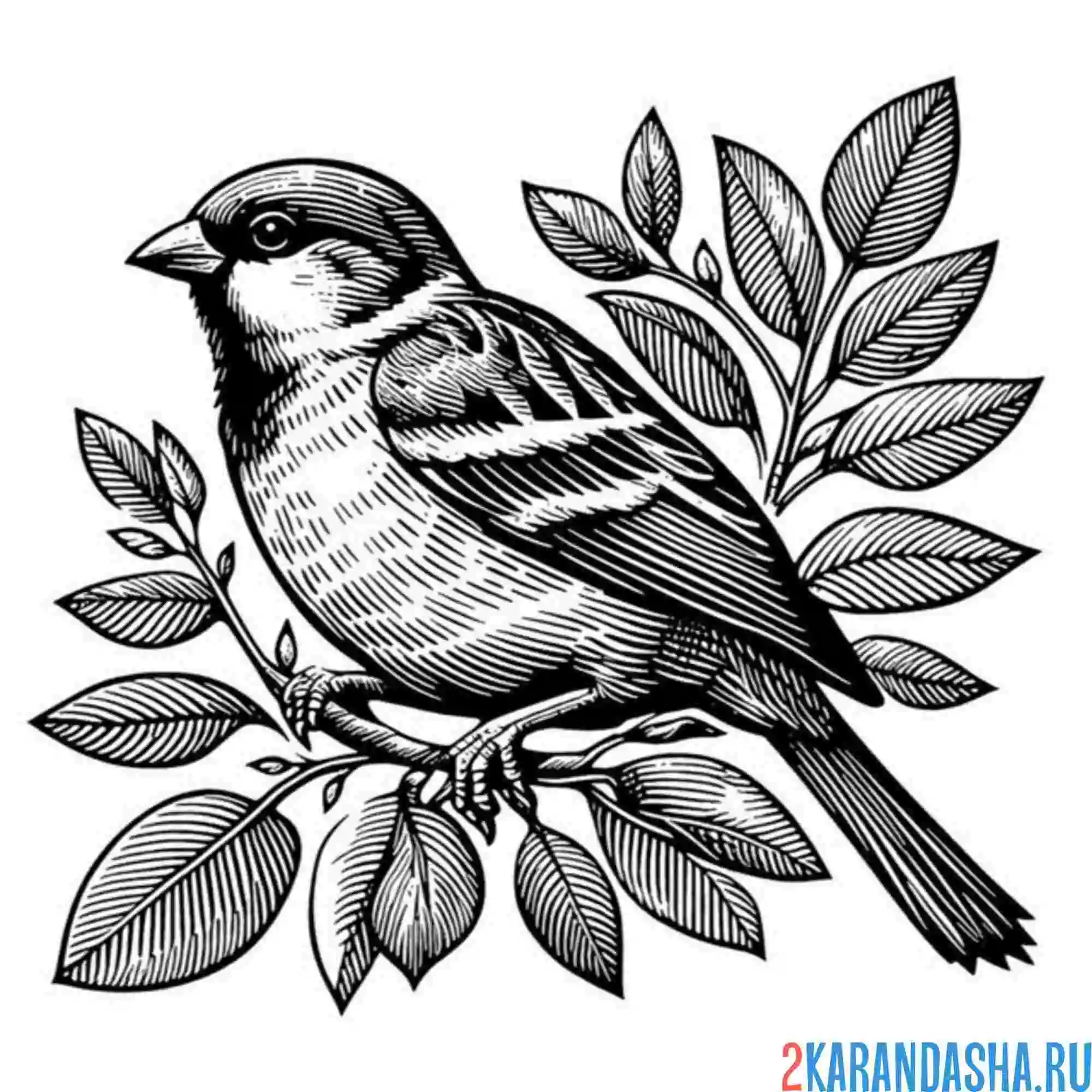 Раскраска воробей на веточек