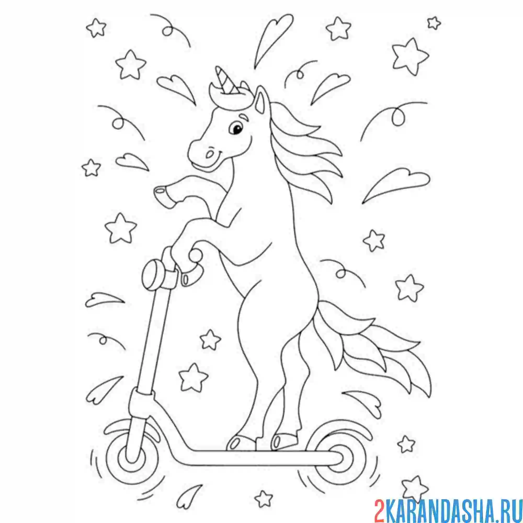 Раскраска единорог на самокате