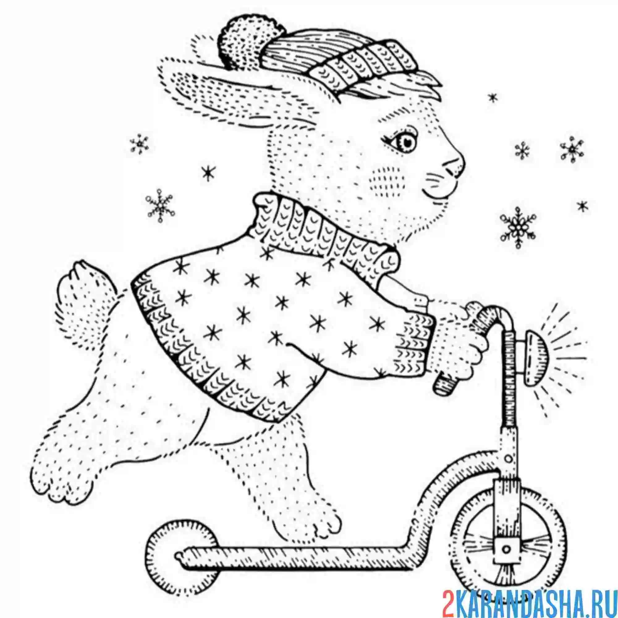 Раскраска зайчик на самокате