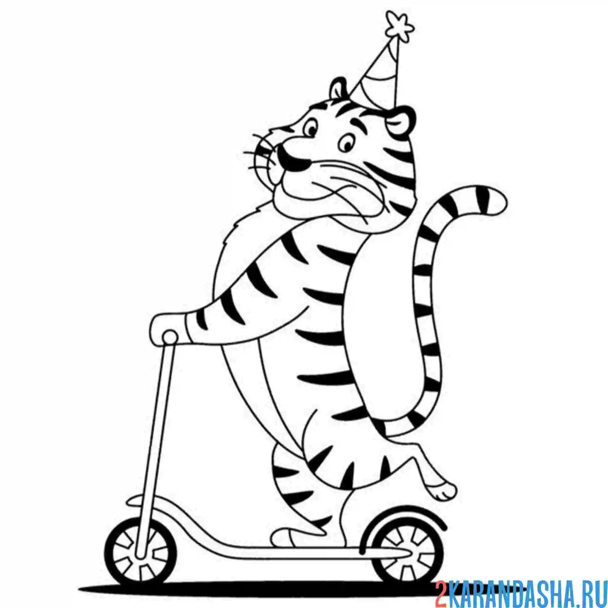 Раскраска тигр на самокате
