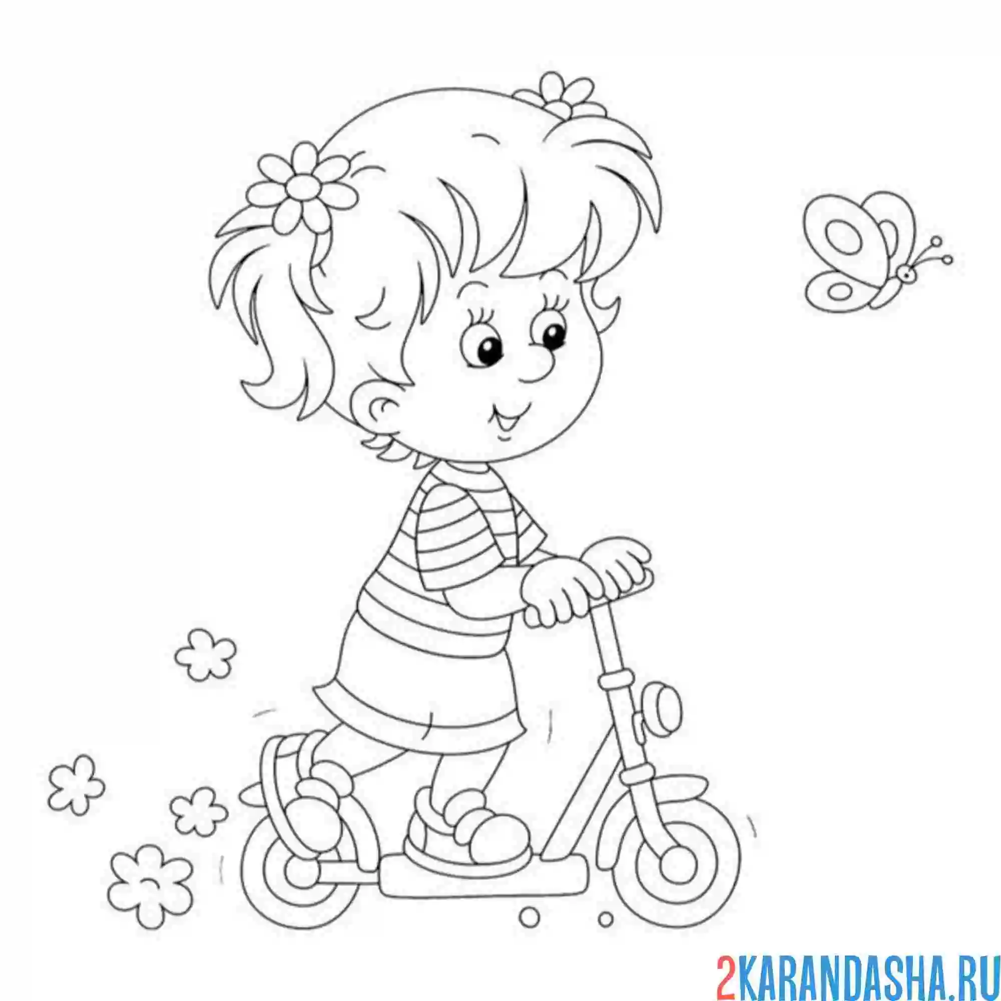 Раскраска девочка на самокате и бабочка