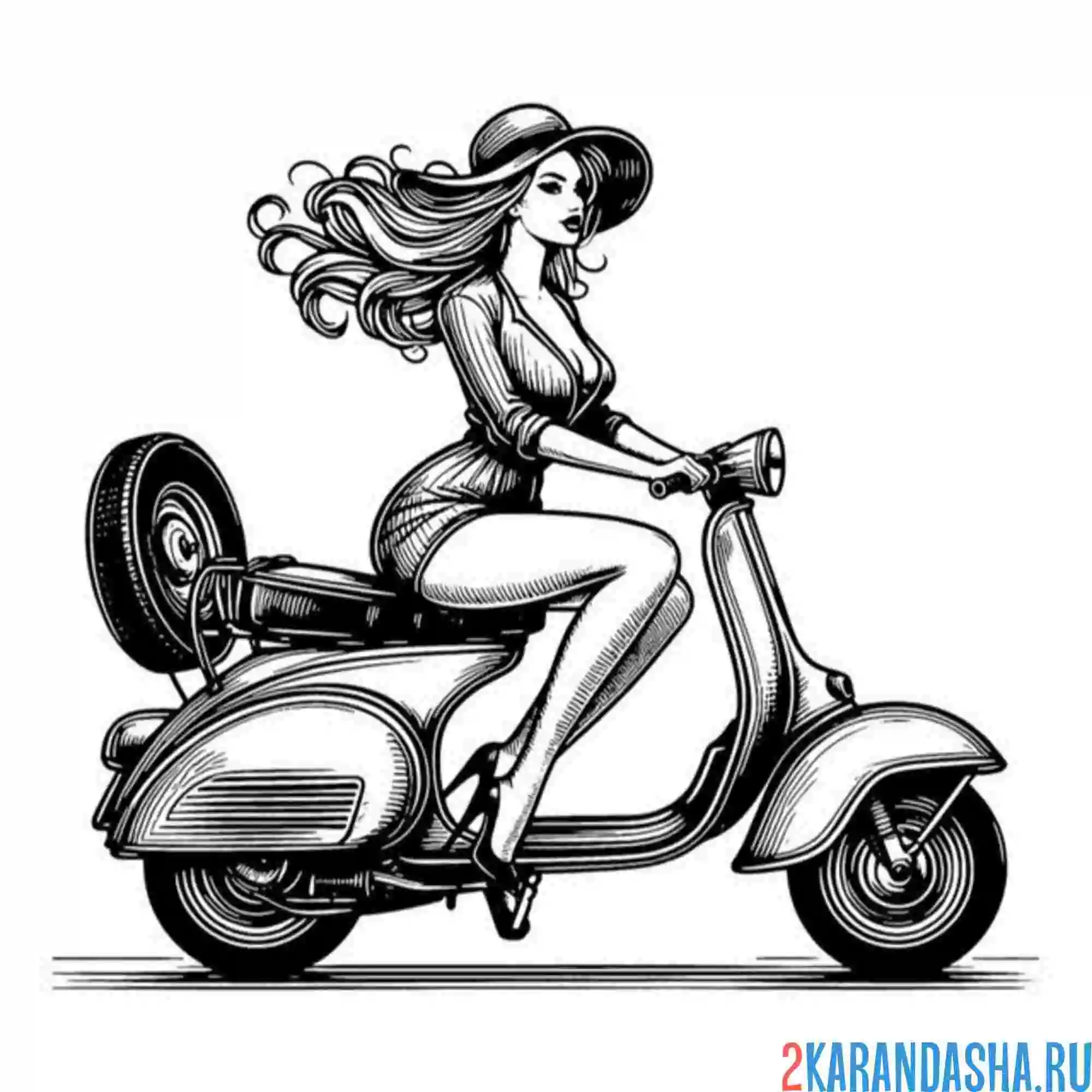 Раскраска скутер и девушка
