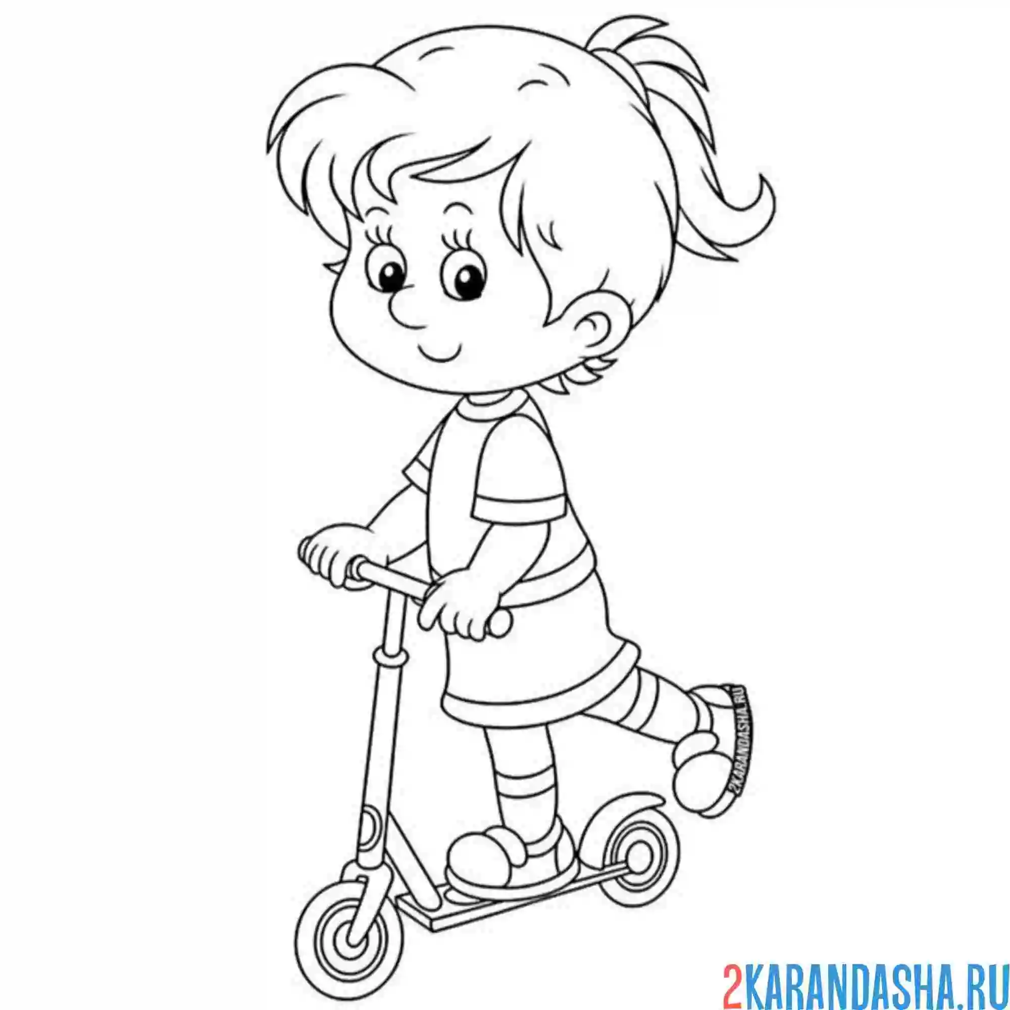 Раскраска девочка на самокате во дворе