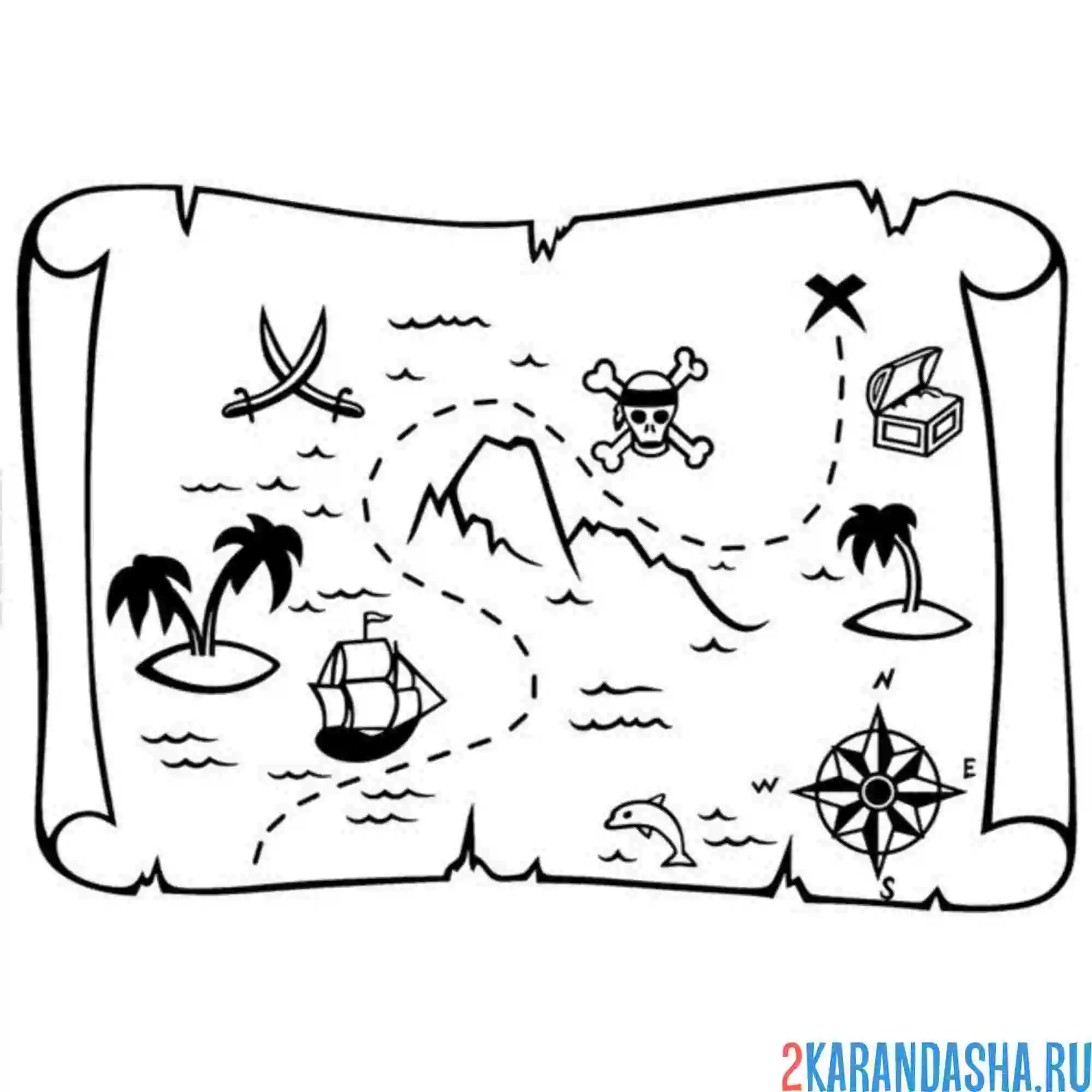 Раскраска карта остров сокровищ