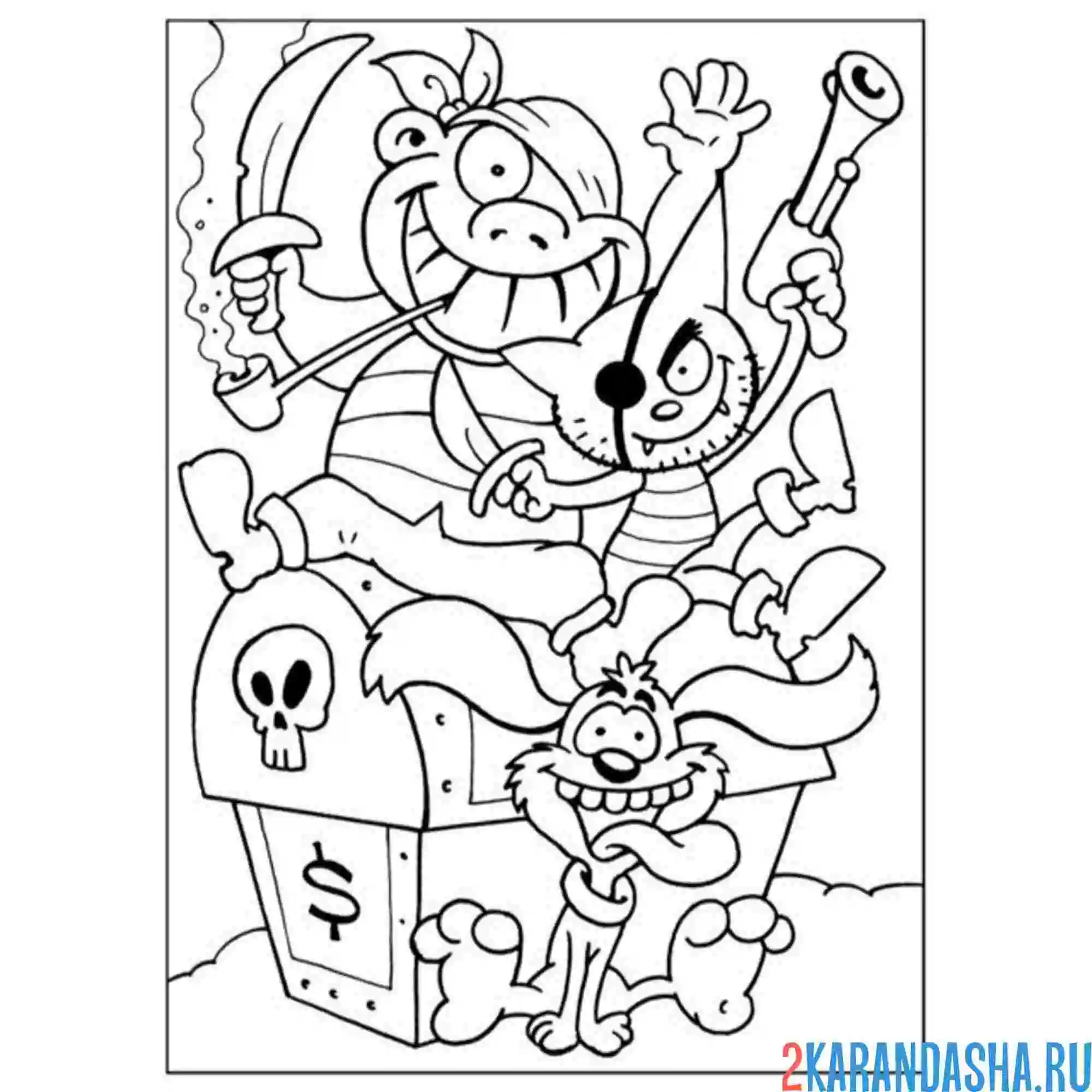 Раскраска остров сокровищ пират и сундук