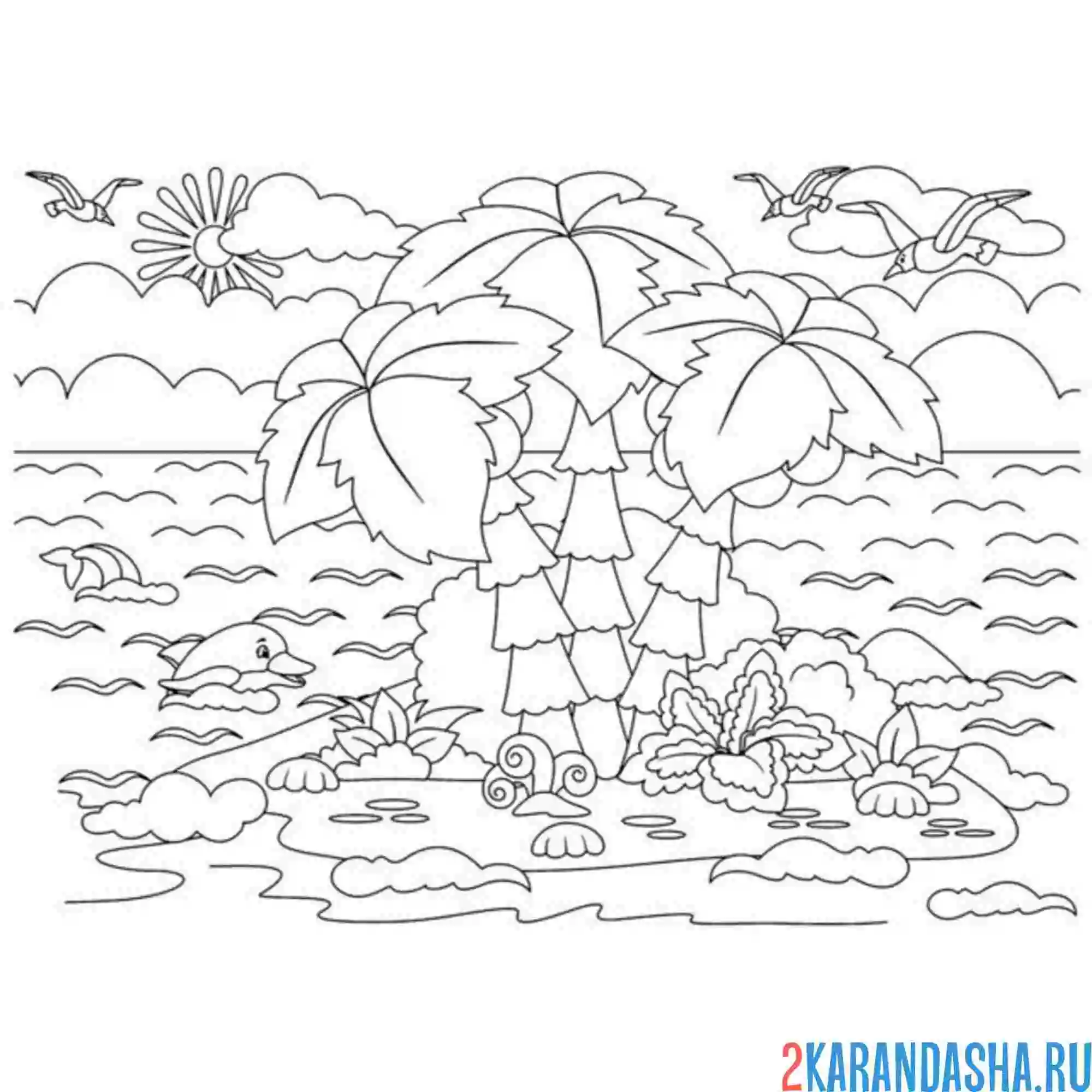 Раскраска морской остров и дельфин