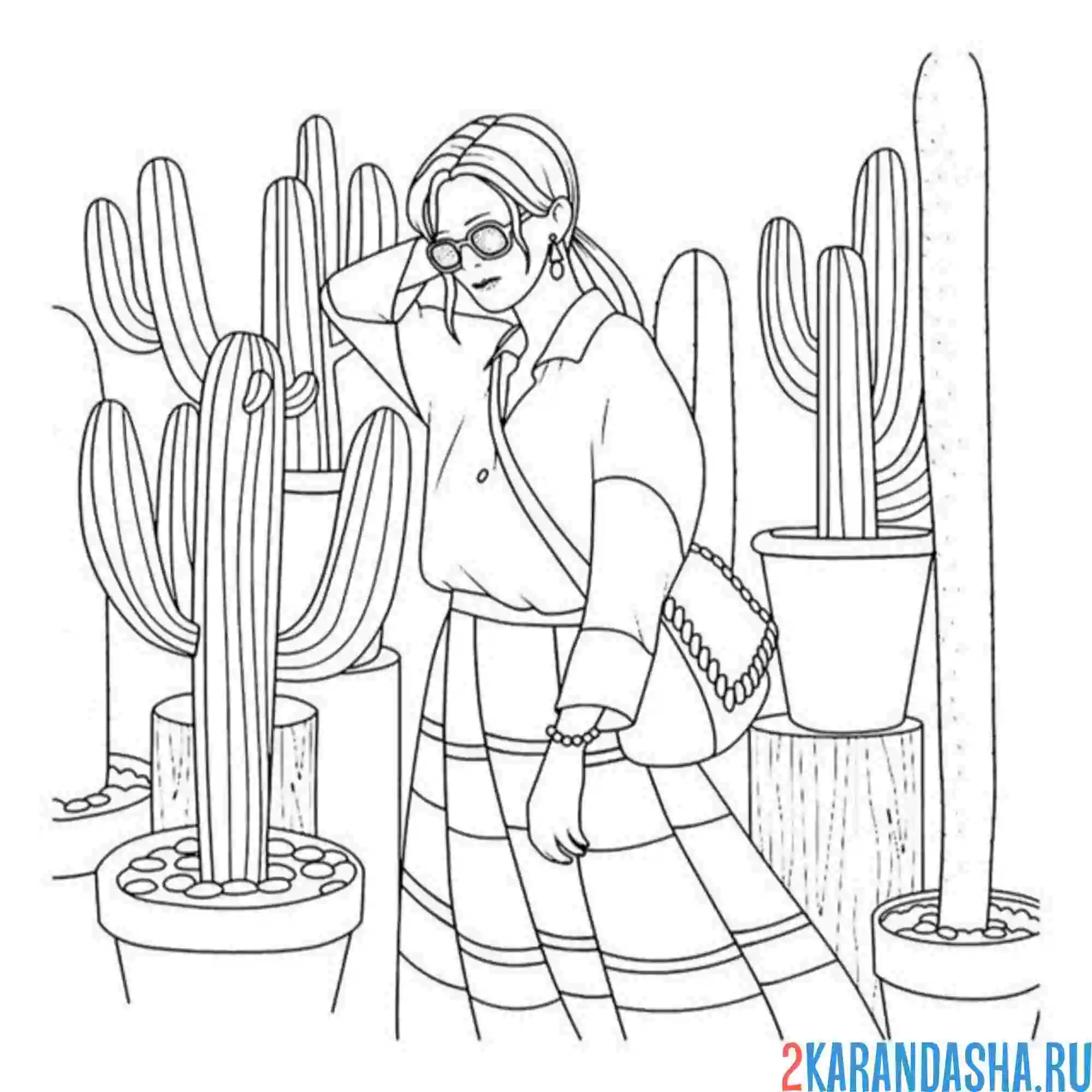 Раскраска эстетика девушка и кактус