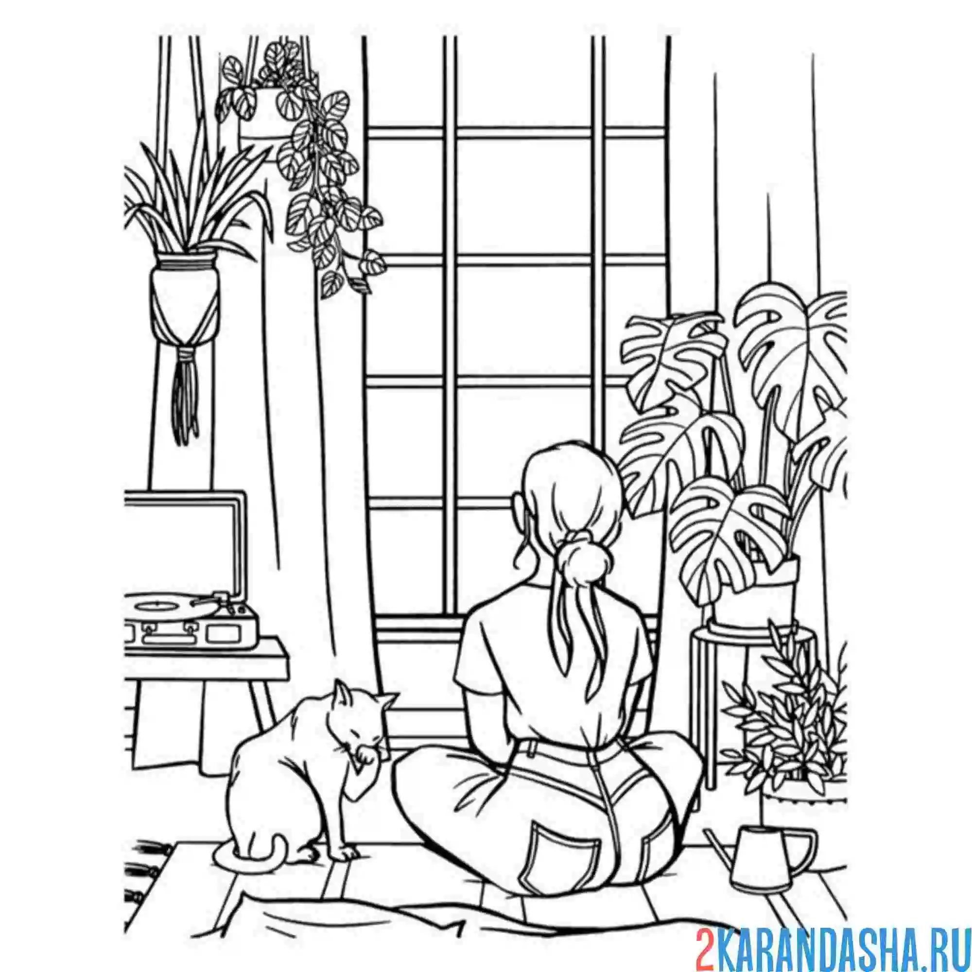 Раскраска эстетика дом и кот