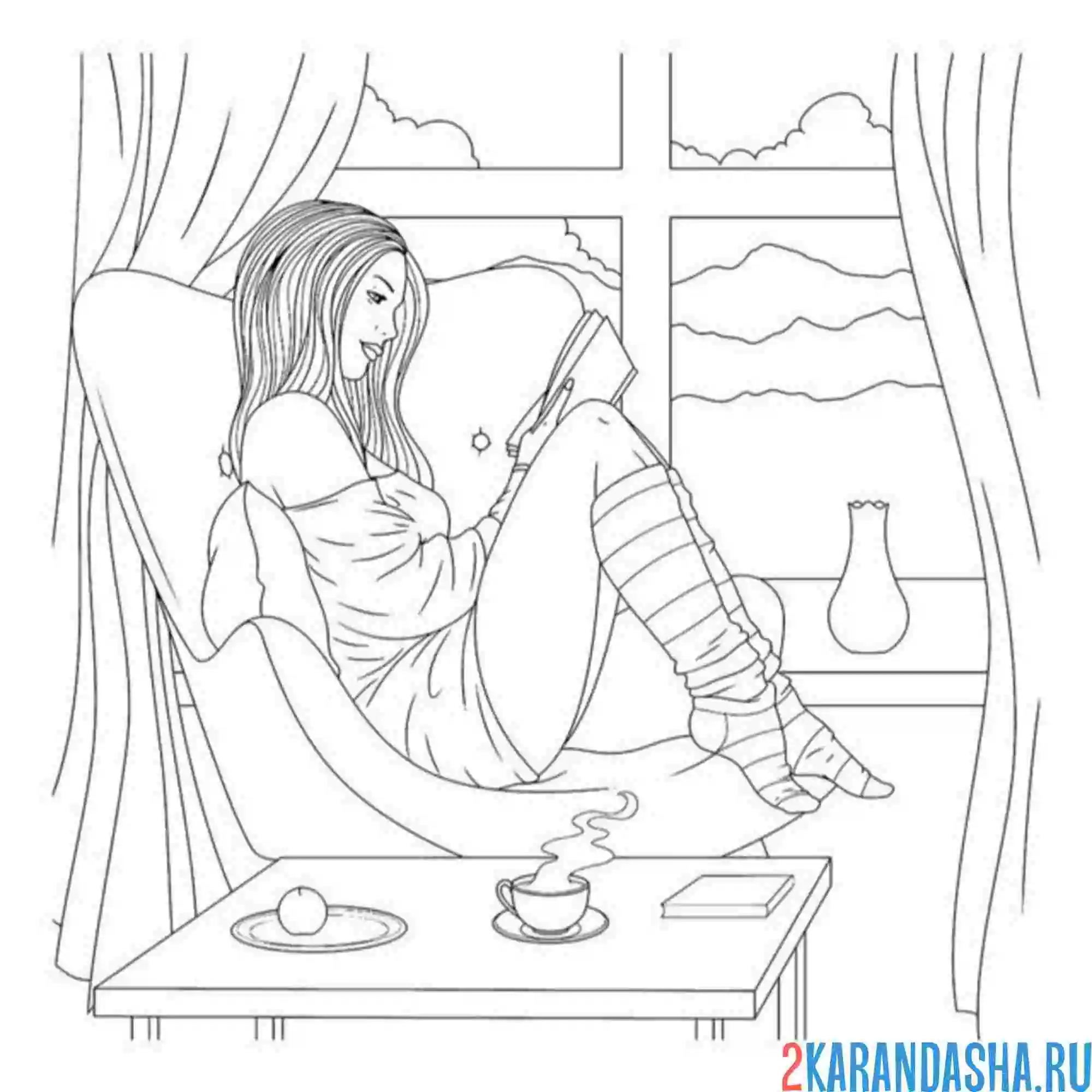 Раскраска эстетика девушка у окна