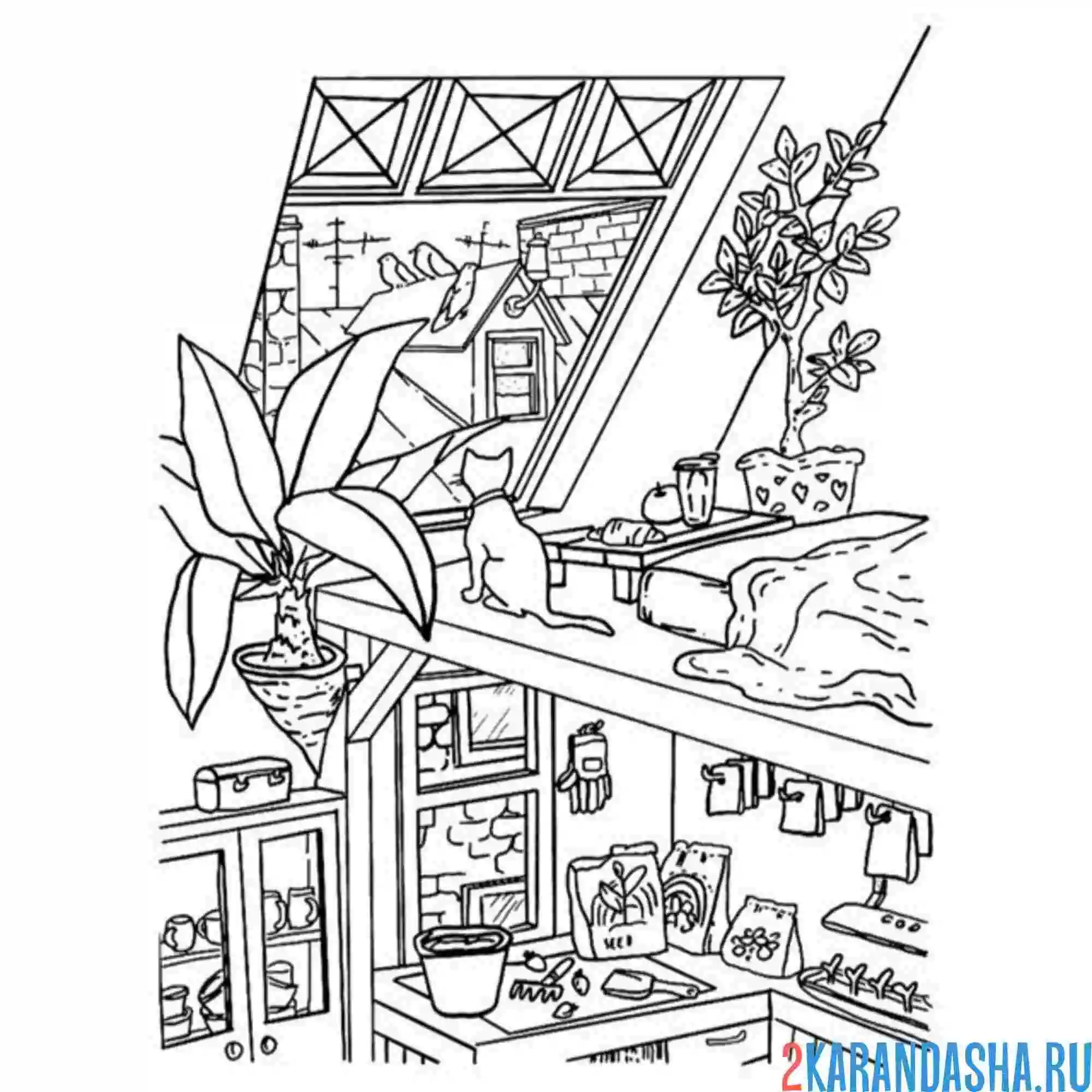 Раскраска эстетика кот в комнате