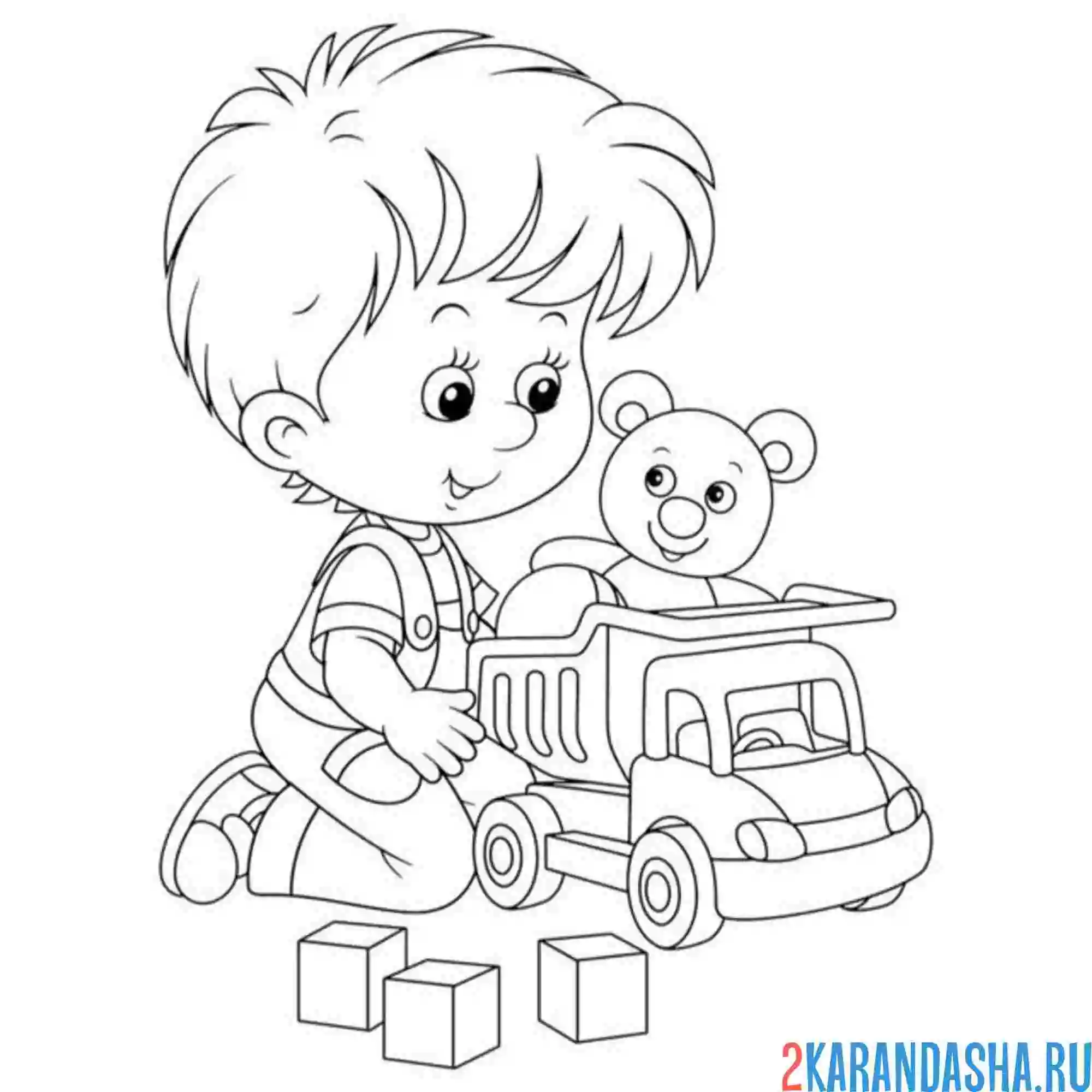 Раскраска мальчик играет в самосвал